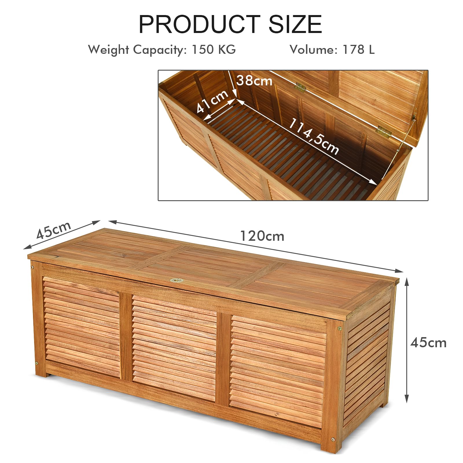 HOMASIS Baule da Esterno, Cassone da Esterno in Legno Massello, Cassapanca Contenitore da 178L per Giardino, Balcone, Terrazzo, Ingrsso, Portata 150 kg, 120 x 45 x 45 cm, Naturale