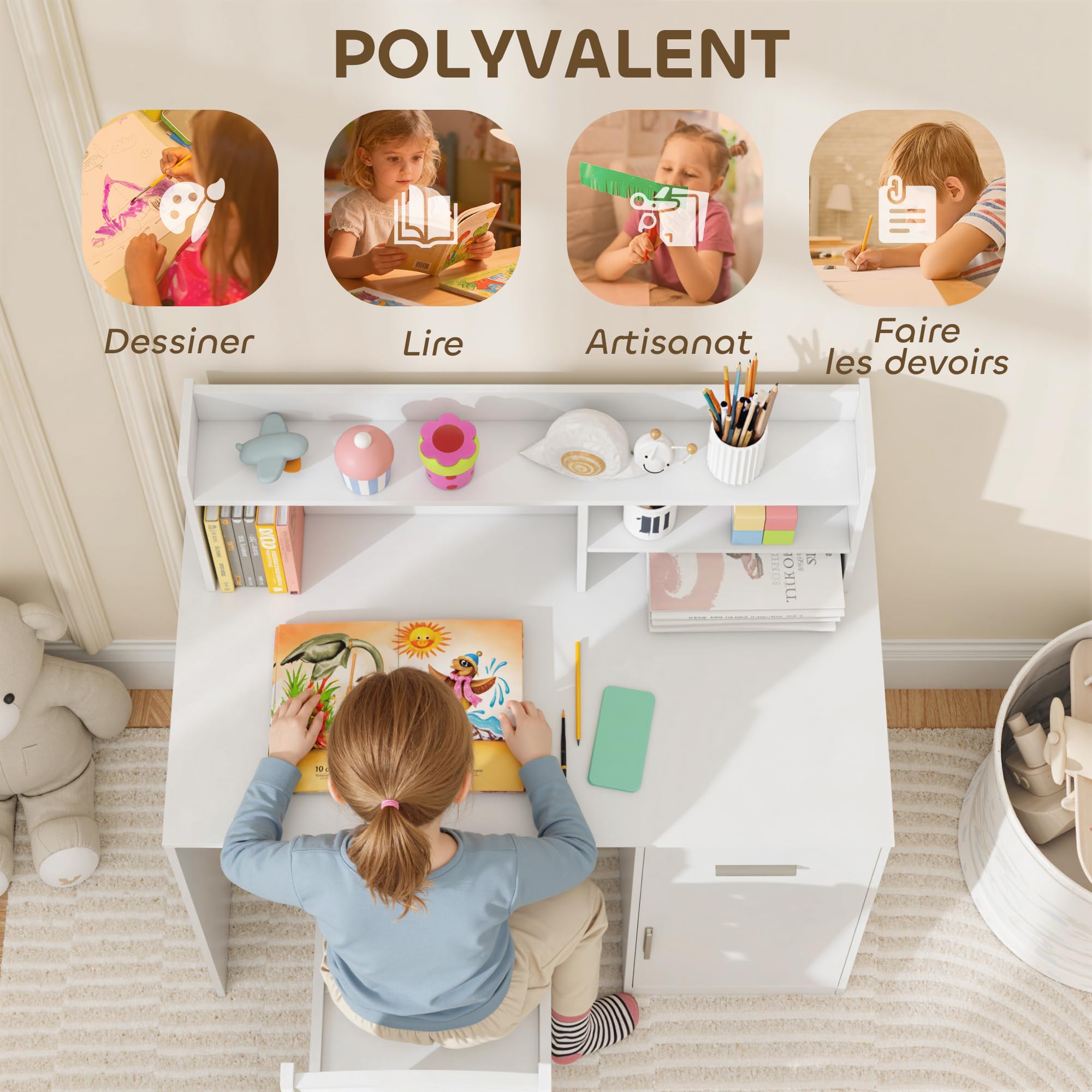 AIYAPLAY Bureau Enfant avec Chaise, Table Enfant et Chaise, 3-12 Ans, 90,2x48,1x90,8cm, Blanc