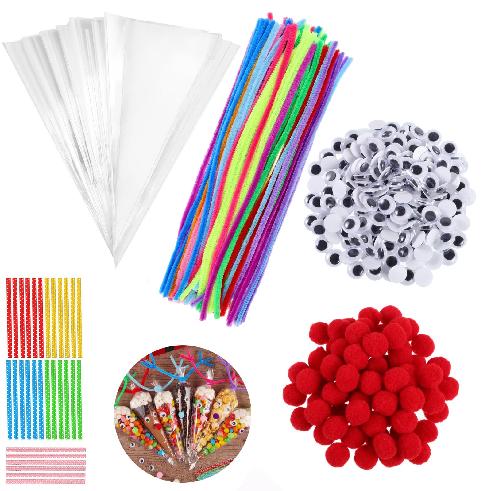 100 Stück Pfeifenreiniger Weihnachten, Süßigkeiten Tüten mit Bindestreifen Bunte Pompons Wackelaugen Pfeifenputzer Bunt Cellophantüten Klein Rentier Bastelset Weihnachtsgeschenke