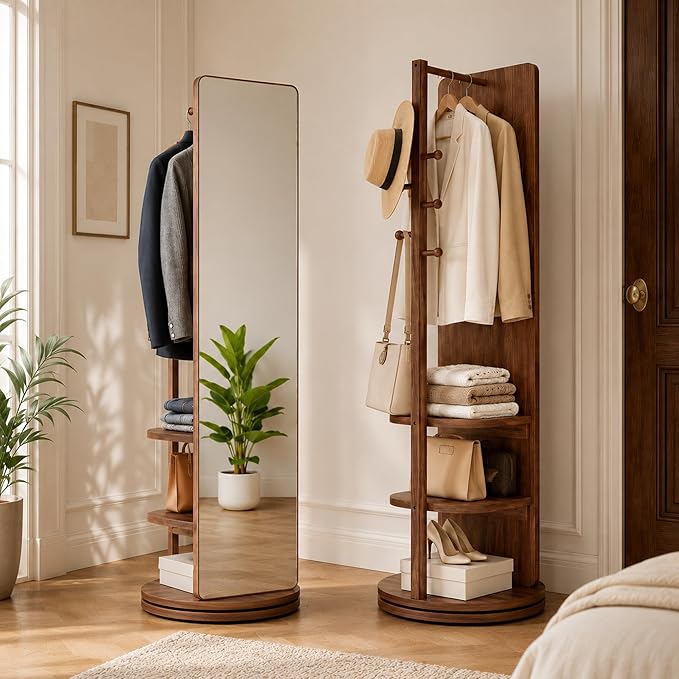 Full Length Mirror with Coat Rack & Storage, 360° Rotating Solid Wood Standing Floor Mirror with Shelves for Bedroom, Entryway, Dressing Room (Walnut Brown, 66" x 18")