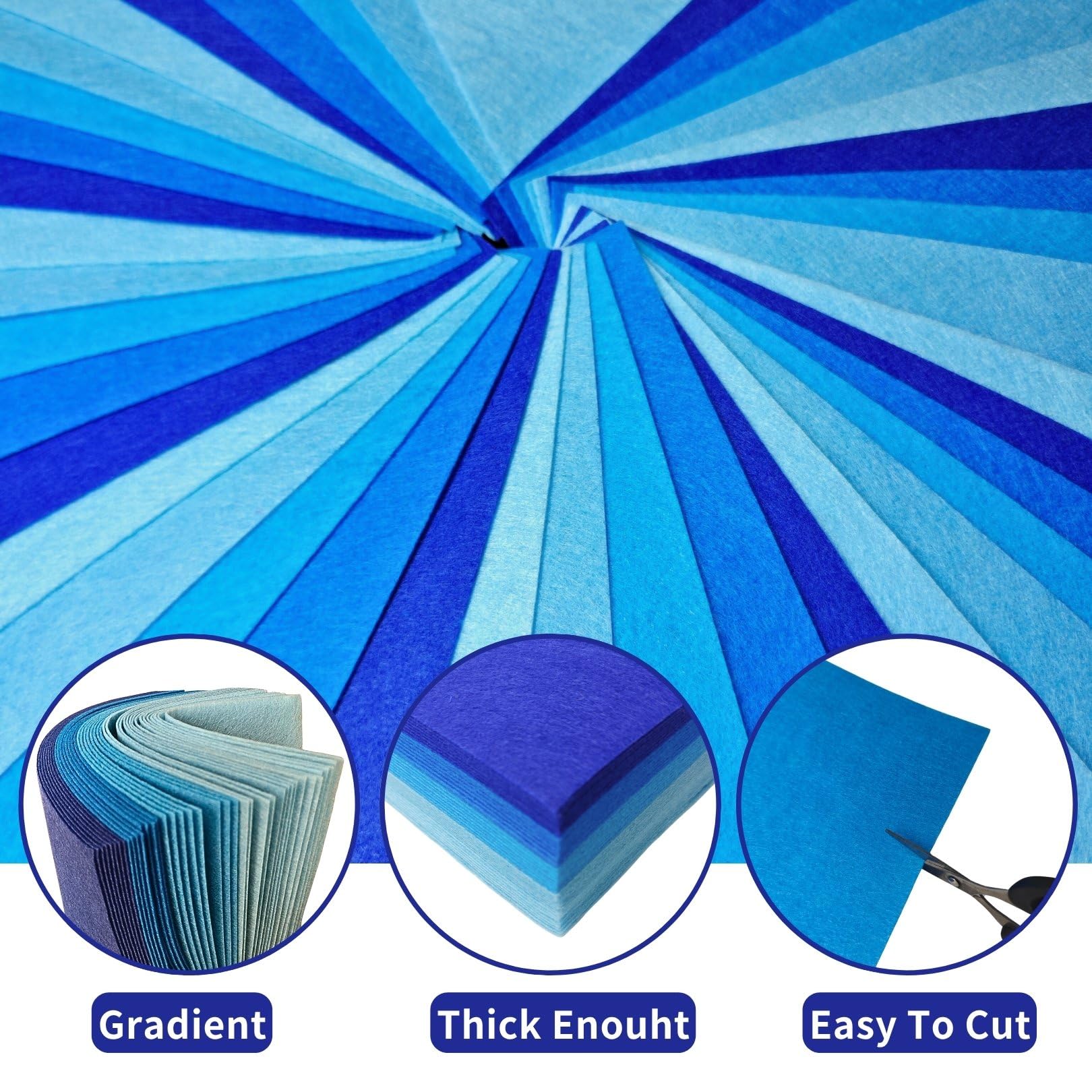 HanCheng 40 PCS Blue Felt Fabric,5 Colours Felt Sheets with 50g Stuffing,5 Ball Chain,Needle and Thread,1mm Thick Nonwoven 20 x 30 cm,Fabric for Sewing and DIY Crafts (Blue Series) - Image 3