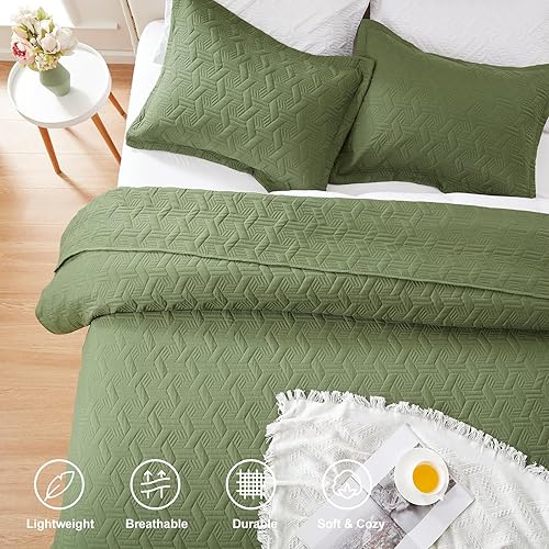 Miniatura 3 de LEAONME Juego de edredón tamaño King, colcha ligera de color verde oliva, 98 x 106 pulgadas, edredón de verano de microfibra suave, juegos de ropa