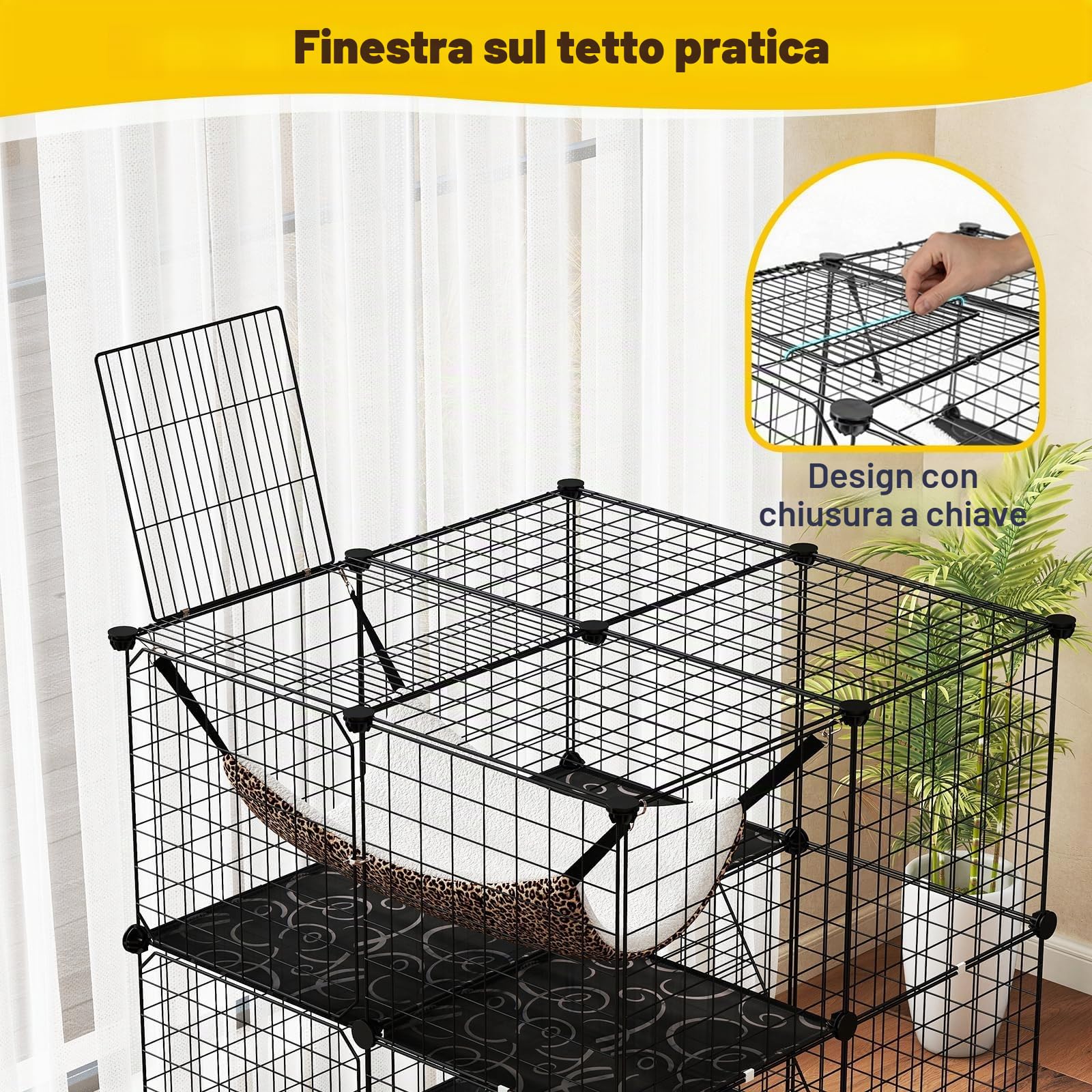 FANTASK Gabbia in filo metallico a 3 piani, grande gabbia per gatti con lucernario, amaca, 2 scale e 3 porte, canili rimovibili, recinto per gatti piccoli animali interni, 74 x 74 x 107 cm (nero)