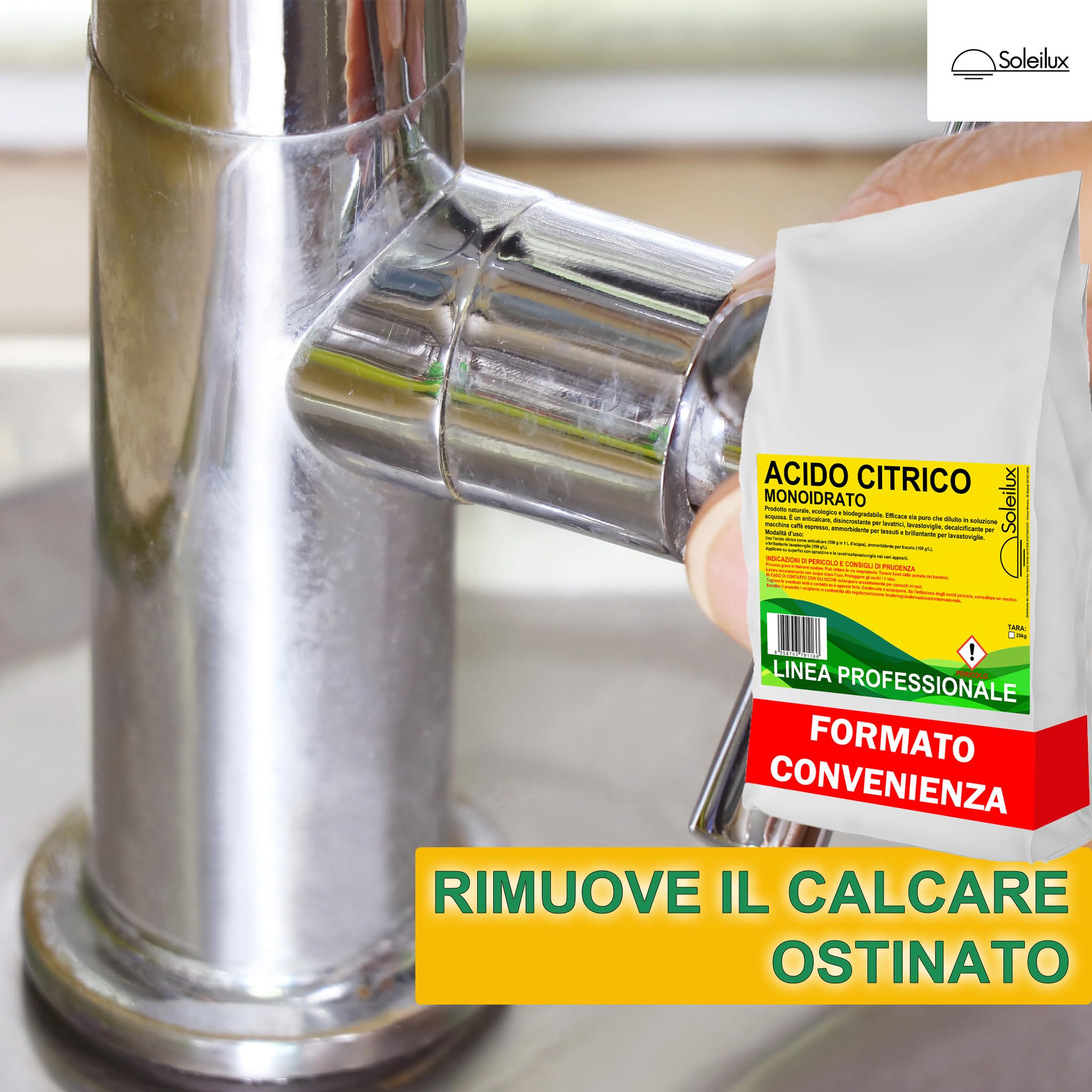 25kg Acido Citrico Monoidrato E330 in Polvere Naturale ed Ecologico Multiuso per Pulizia e Anticalcare, Brillantante, Disincrostante, Decalcificante
