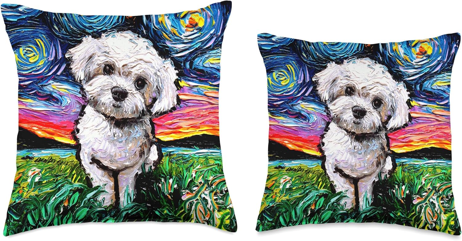 Maltipoo Starry Night White Maltese Poodle Dog Lover Artwork Throw Pillow
