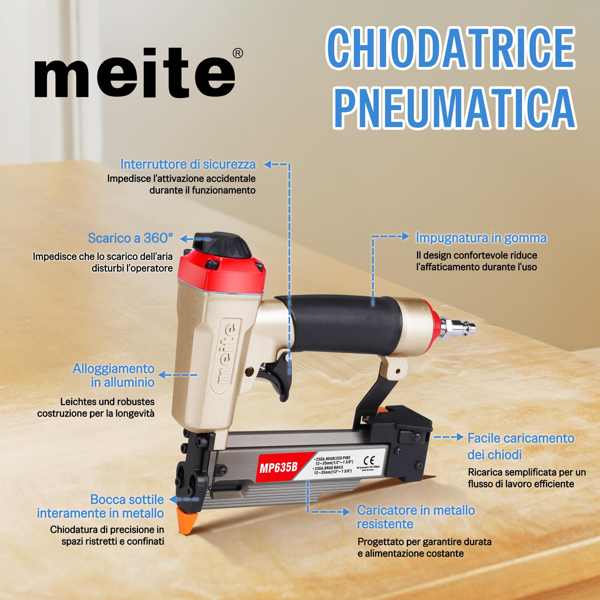 meite MP635B Chiodatrice Pneumatica a Spillo 23GA, Pistola ad Aria per Chiodi Micro da 12–35 mm, Ideale per Pannellature, Rifiniture Sottili, Modanature e Lavori di Artigianato