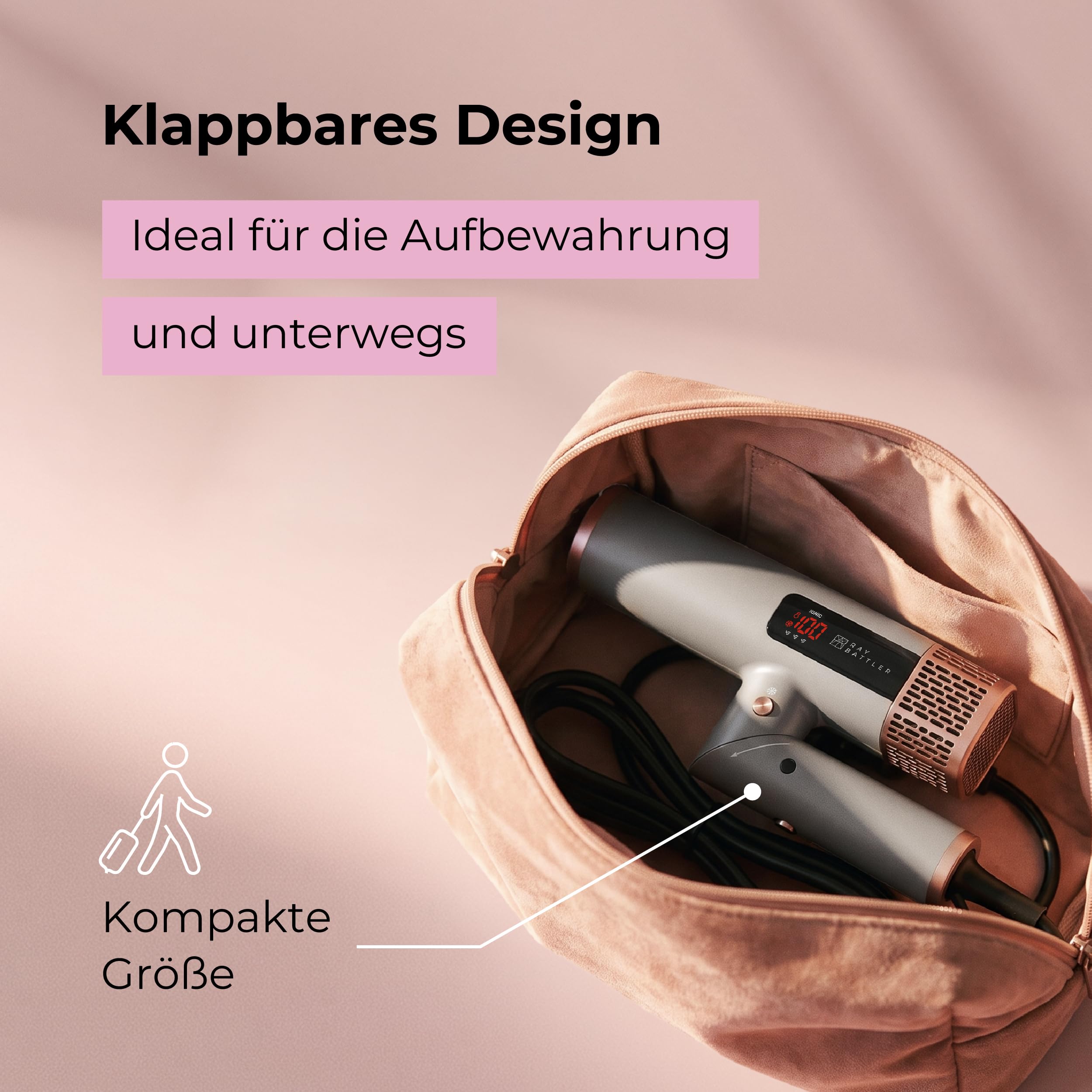 Föhn mit Diffusor, 1800 W Ionen-Haartrockner mit BLDC-Motor, klappbarer High-Speed-Fön, 110.000 U/min, LED-Display, 4 Temperaturstufen, 3 Luftstufen, Kaltluft, 2 Stylingdüsen