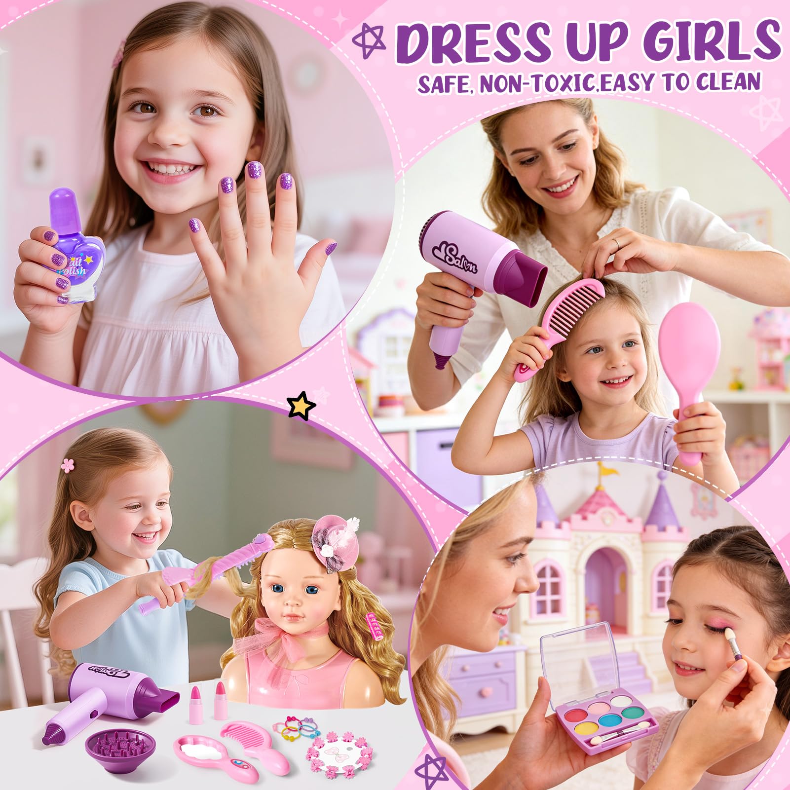 Frisierkopf Kinder Schminkkopf Mädchen Spielzeug, Stylingkopf Set mit Haartrockner, Lockenstab, Schminke, Hut, Haarstyling Zubehör, Rollenspiel Geschenk Puppenkopf zum Schminken Frisieren ab 3 Jahre