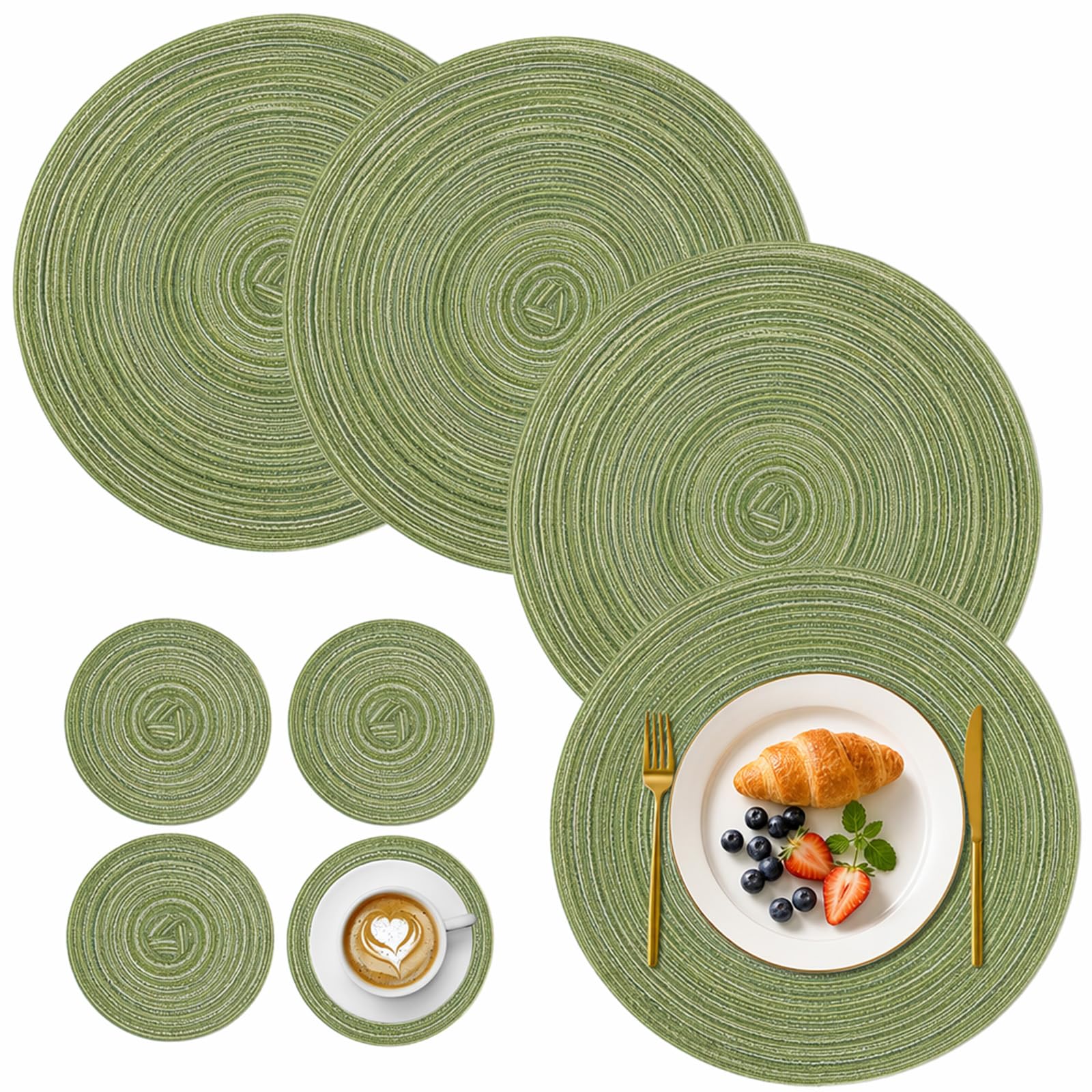 KASURE 8 Pieces Round Placemats Set, 30 cm Placemats(4) and 11 cm Coaster(4), Round Braided Woven Place Mats, Easy Clean Heat Resistant and Non Slip for Kitchen Dining Table Home Restaurant, Green