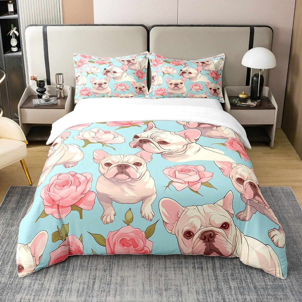 Parure de lit chien kawaii 240x260 cm Homewish avec housse de couette bulldog