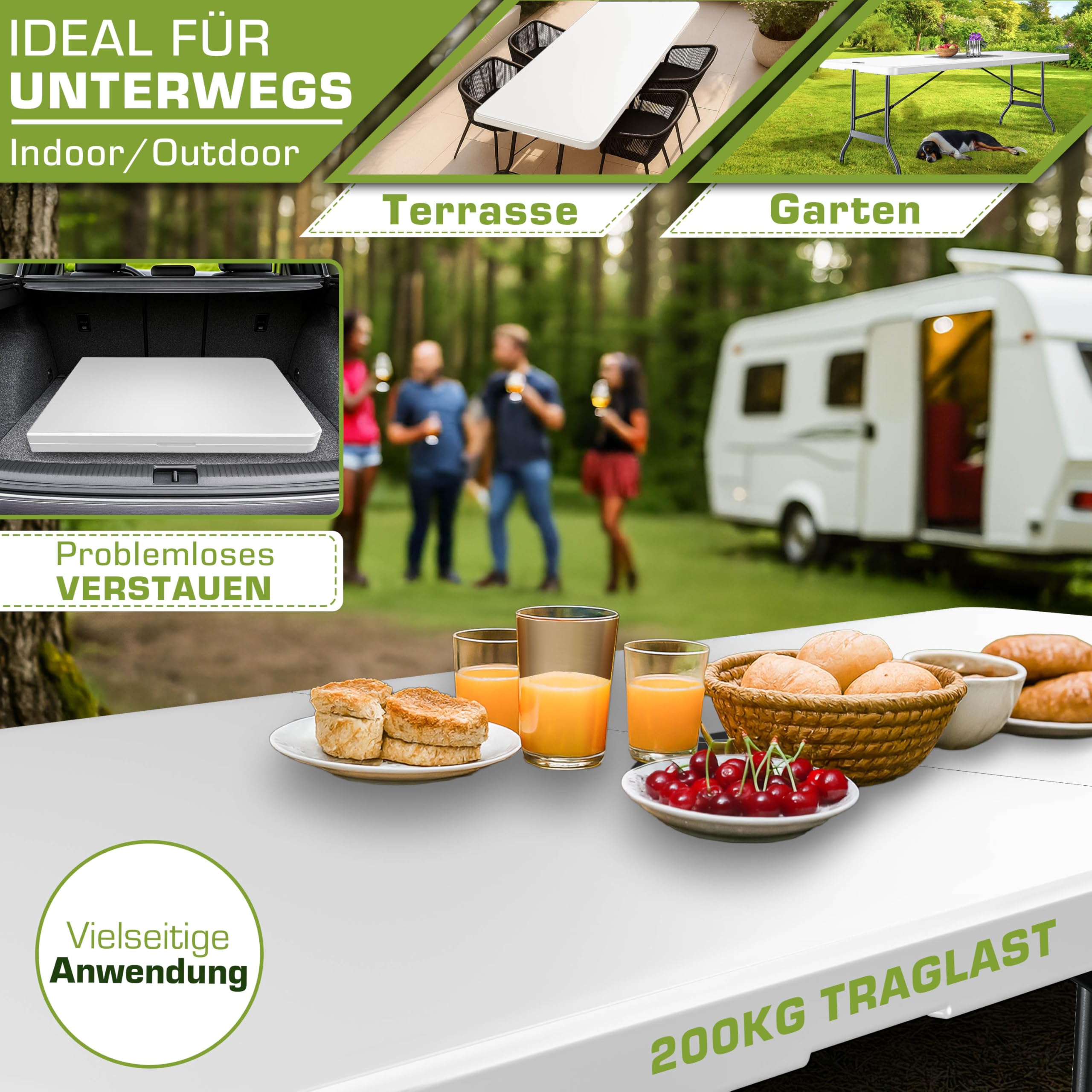 tillvex Gartentisch 180x75cm klappbar Kunststoff | Buffettisch mit Tragegriff | Klapptisch für Garten Terrasse und Balkon | Campingtisch 8 Personen