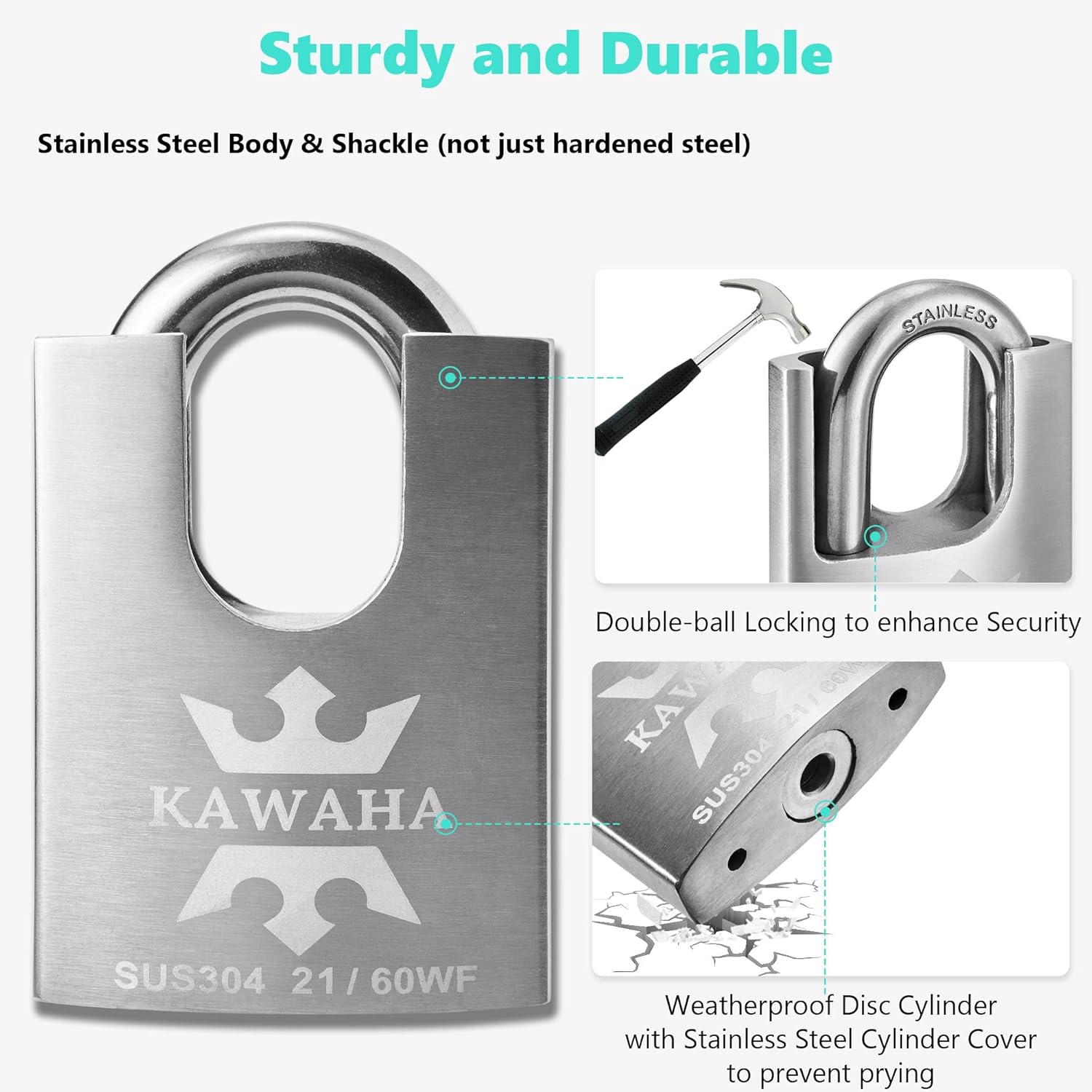 21/60-4PS High Security Stainless Steel Shrouded Padlock with Stainless Steel Key for Both Indoor and Outdoor use (Heavy Duty, Anti-Rust) (2-3/8 in. (60mm), Keyed Alike - 4 Pack)