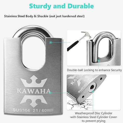 Miniatura 8 de 2140-2PS - Candado de acero inoxidable de alta seguridad con llave de acero inoxidable para uso en interiores y exteriores (resistente,