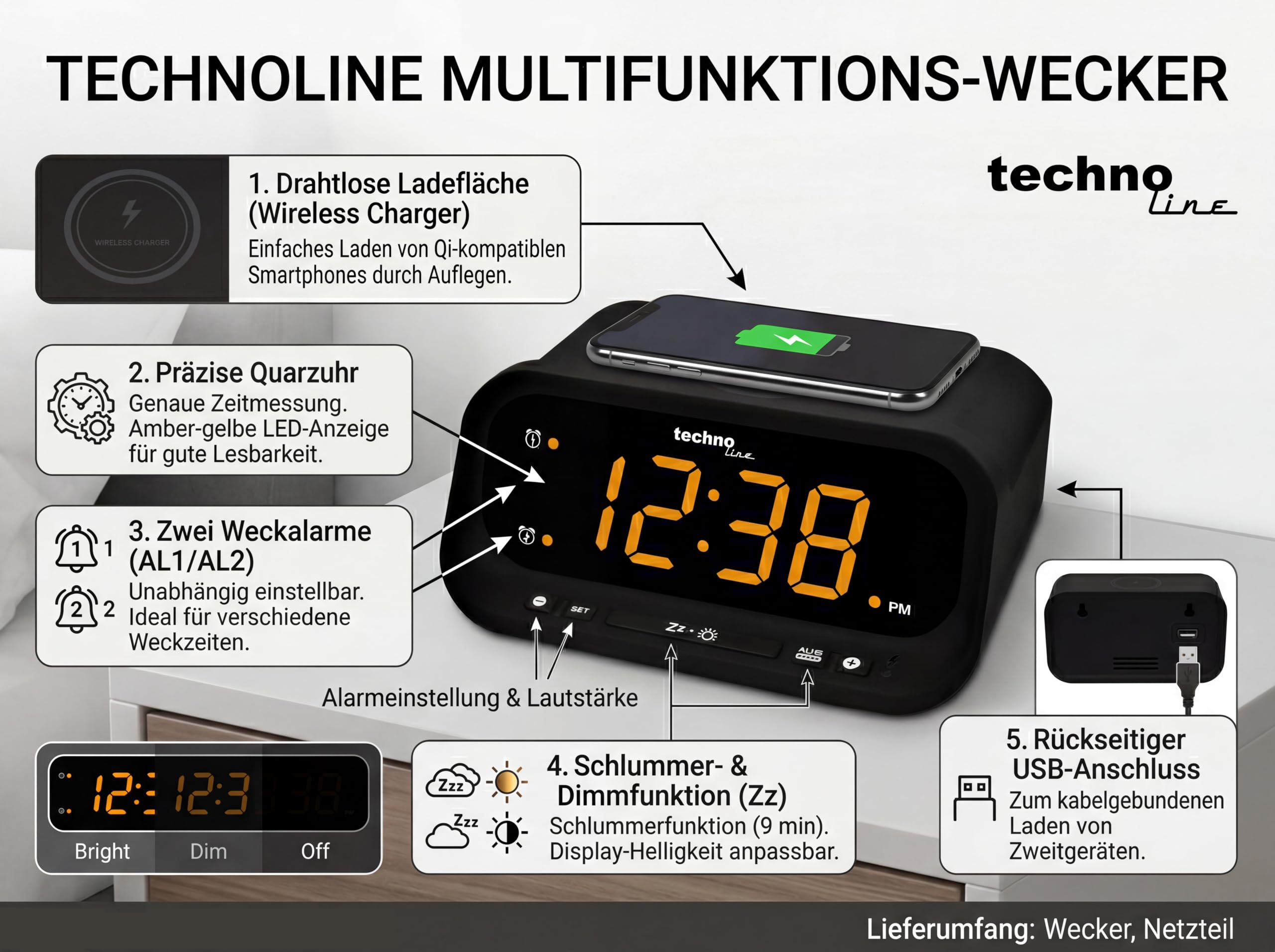 Technoline Sveglia digitale con funzione di ricarica wireless nero 158 x 75 x 116 mm