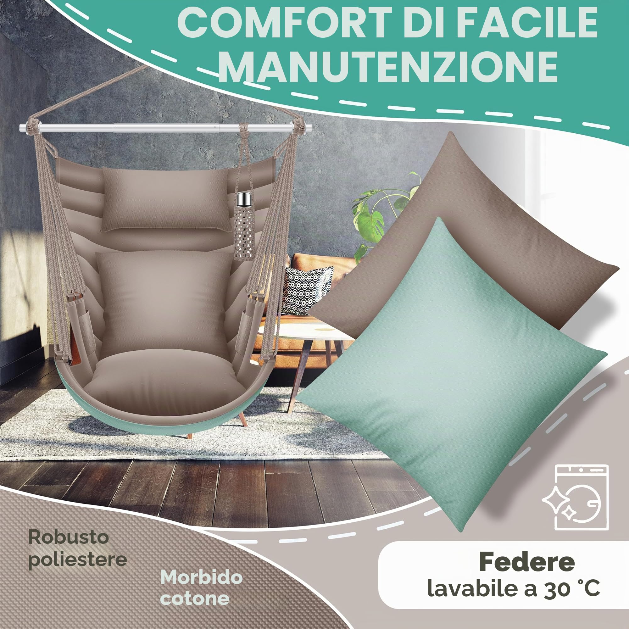 KESSER® Poltrona sospesa Haiti, portata 150 kg, girevole a 360°, altalena sospesa per interni ed esterni, resistente ai raggi UV e all'acqua, facile da pulire, include 2 cuscini, borsa per il