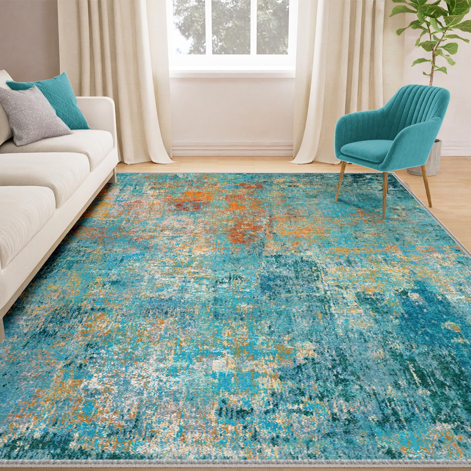 RELEANY Washable Area Rugs 5'x7' Non-Slip Modern Abstract Soft for Living Room Entryway Bedroom Nursery, Print Pattern, Teal Blue Green Orange Rust Red Colorful