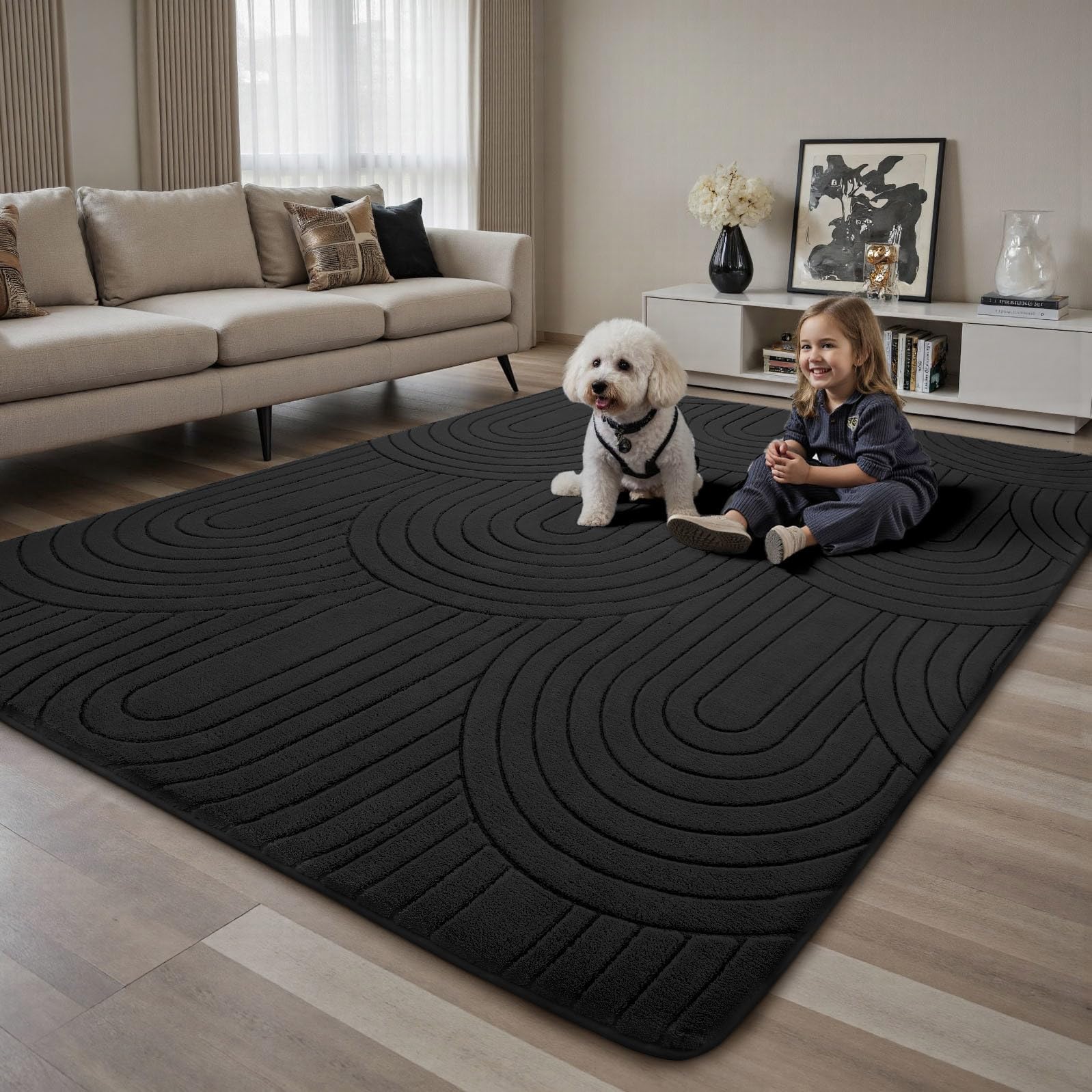Sour Lemon Tappeto per soggiorno, 160 x 230 cm, motivo semicircolare 3D, nero, per camera da letto, extra large per soggiorno, lavabile in lavatrice, antiscivolo, a pelo corto, per camera dei bambini