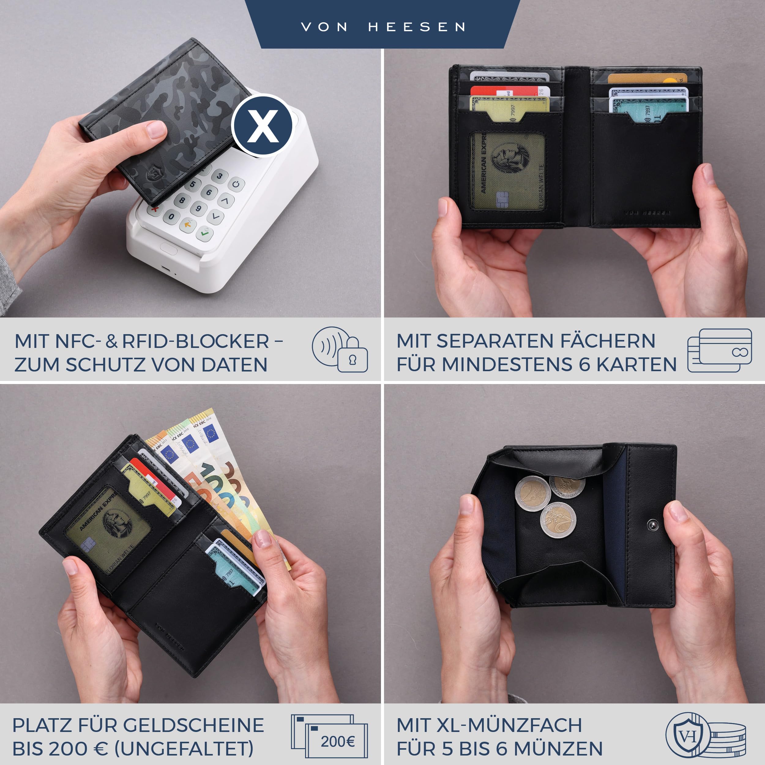 VON HEESEN® Leder Geldbörse mit Münzfach & RFID Schutz Herren & Damen - Echtleder Geldbeutel für Männer & Frauen - Portemonnaie Brieftasche Wallet Portmonee (Camouflage Grau)