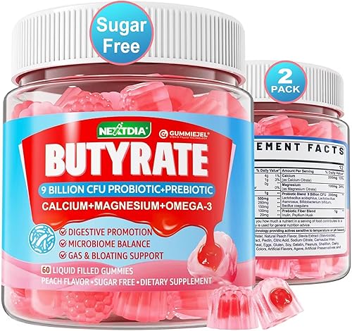 Gomitas de butirato con probiótico + prebiótico + postbiótico, omega-3 500 mg, 9 mil millones de probióticos UFC con fibra, calcio y magnesio,