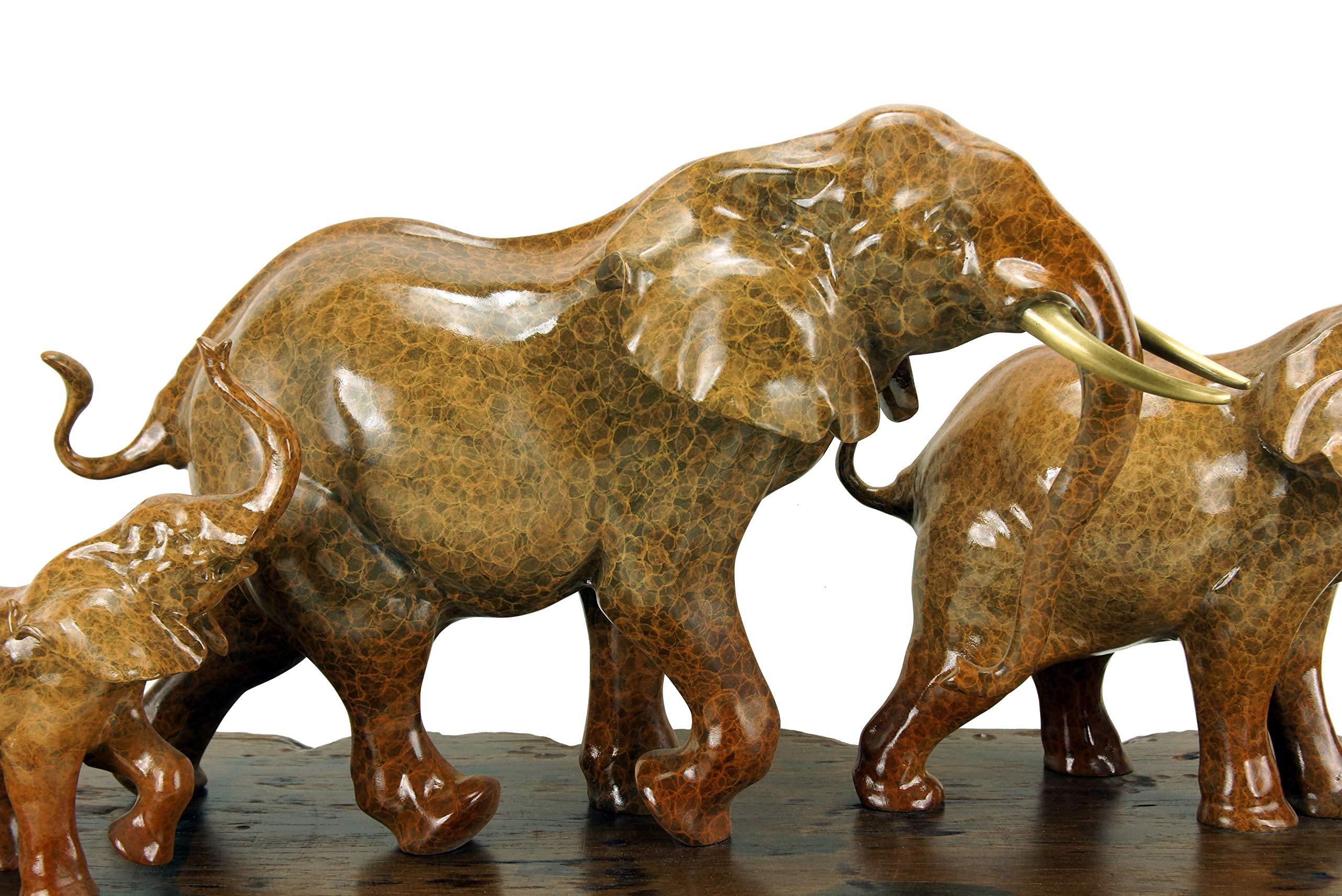 Kunst & Ambiente - Familia de Elefantes en Bronce sobre Tabla de Barcos - Escultura Animal de Milo - Figura Decorativa de Elefante - Ancho 90 cm - Base de Madera