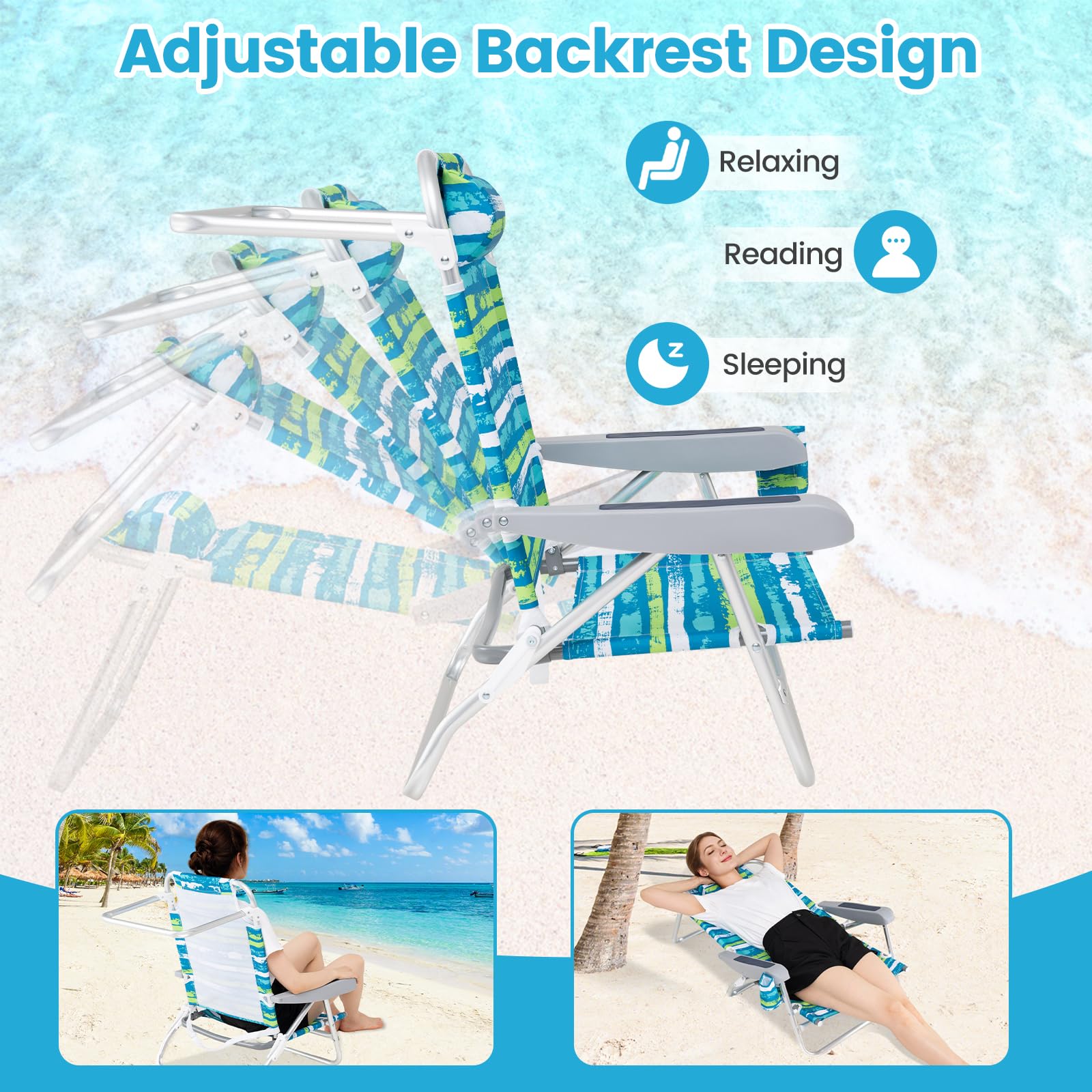 GIANTEX Sedia pieghevole da spiaggia e campeggio, schienale regolabile 4 posizioni, portasciugamani e cuscino, 2 in 1, fino a 150 kg (62 x 54 x 80 cm, strisce verdi)