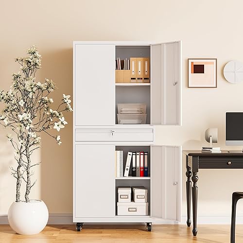 Miniatura 6 de Anxxsu Armario de almacenamiento de metal con ruedas, gabinete de almacenamiento con cerradura de 73 pulgadas con 2 estantes ajustables y 1 cajón