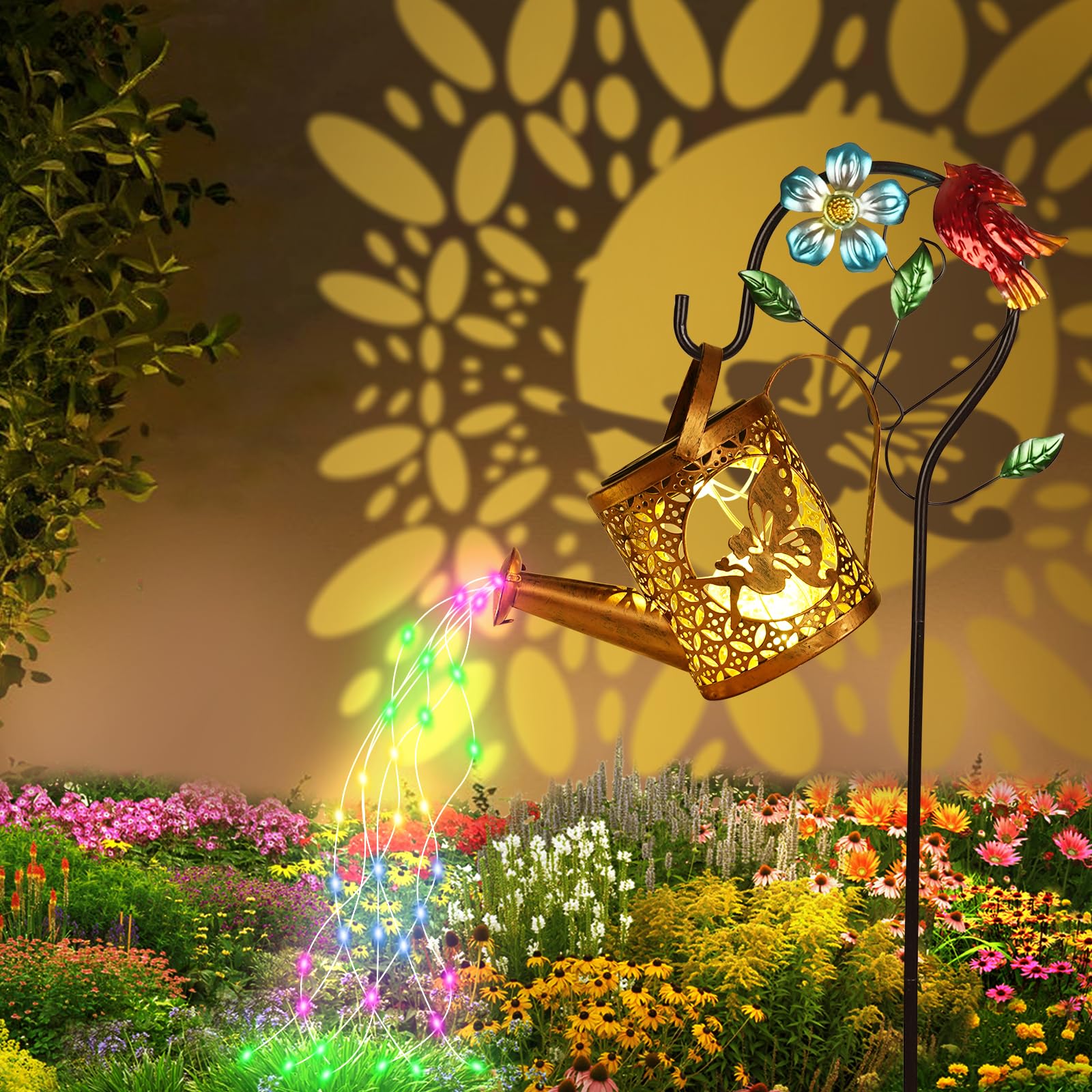vsshe Solar Gießkanne Lichterkette Aussen Gartendeko, LED Außen Solarlampen mit Schäferhaken für Außen Garten Wasserdicht | Vintage Lichterkette für Hofweg Balkon Terrasse Garten Deko（Farblicht）