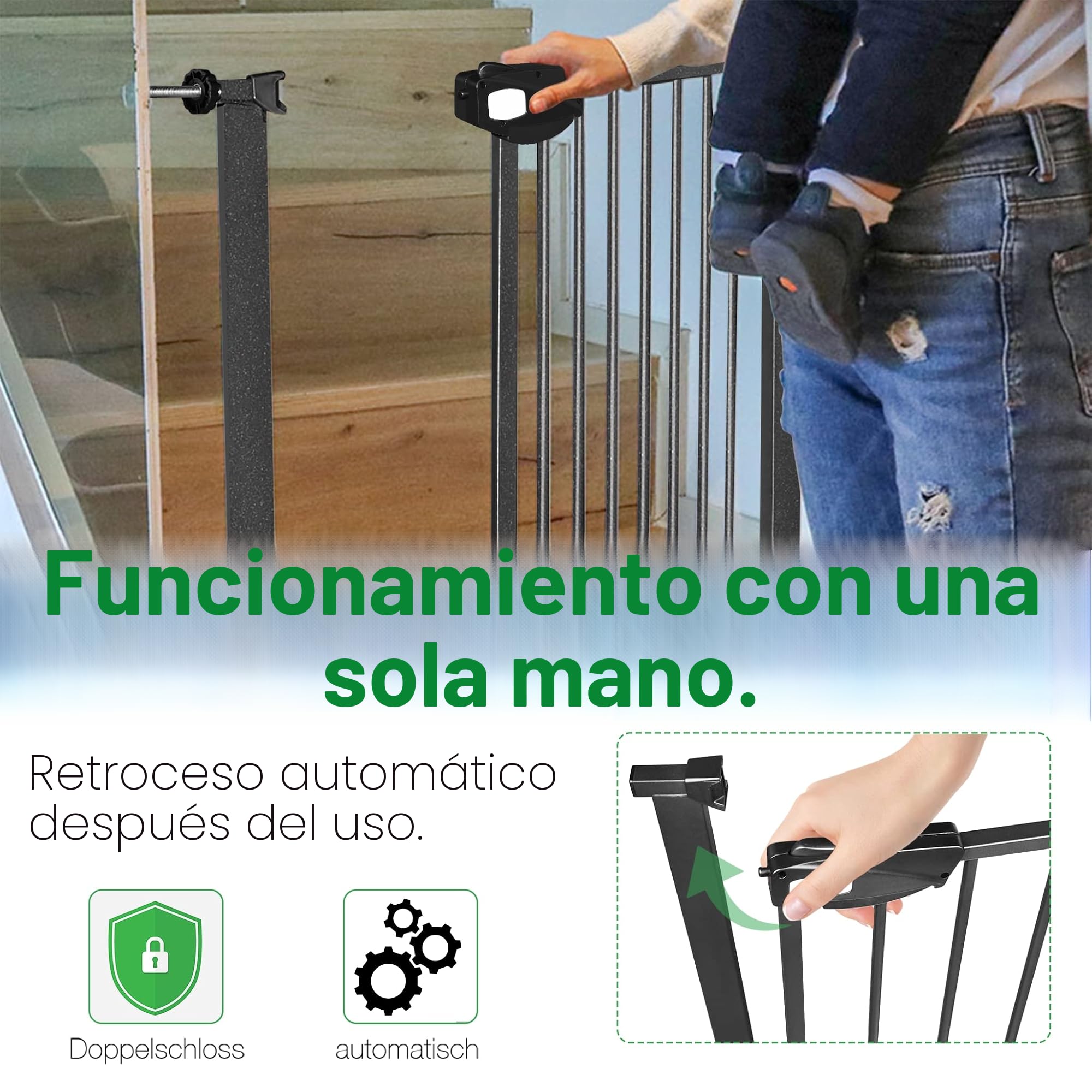 Barrera de seguridad para escaleras sin taladrar, 75-85 cm, para niños y mascotas, apertura con una sola mano, color negro