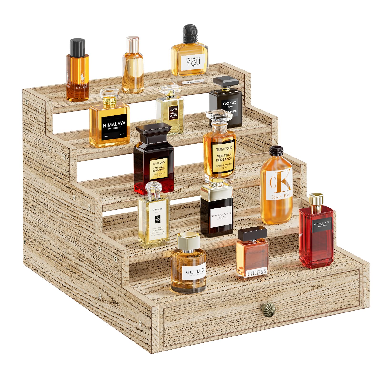 5 Tier Cologne Organizer for Men, Wooden Cologne Stand Shelf Display Holder with Drawer, Large Cologne Tray Rack Storage Perfume Organizer for Dresser Women Man