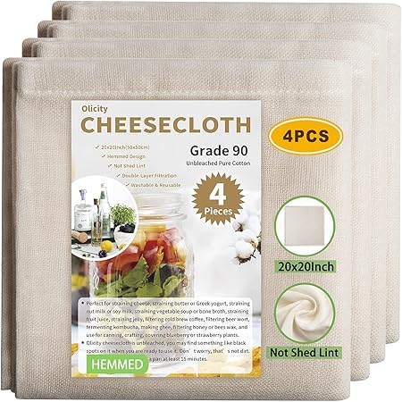 Olicity Cheese Cloths, Grade 90, 20x20Inch, Double-Layer 100% Unbleached Pure Cotton Muslin Cloth for Straining, Reusable Hemmed Cheese Cloth Fabric Filter for Cook, Brew Coffee Strainer - 4 Pieces