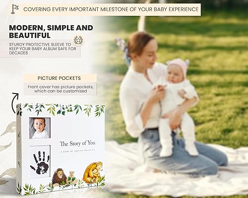 Miniatura 3 de Libro de hitos para bebés con temática de animales, libro de recuerdos para bebés con bolsillo frontal para fotos, libro de 8.9 x 8.2 pulgadas,