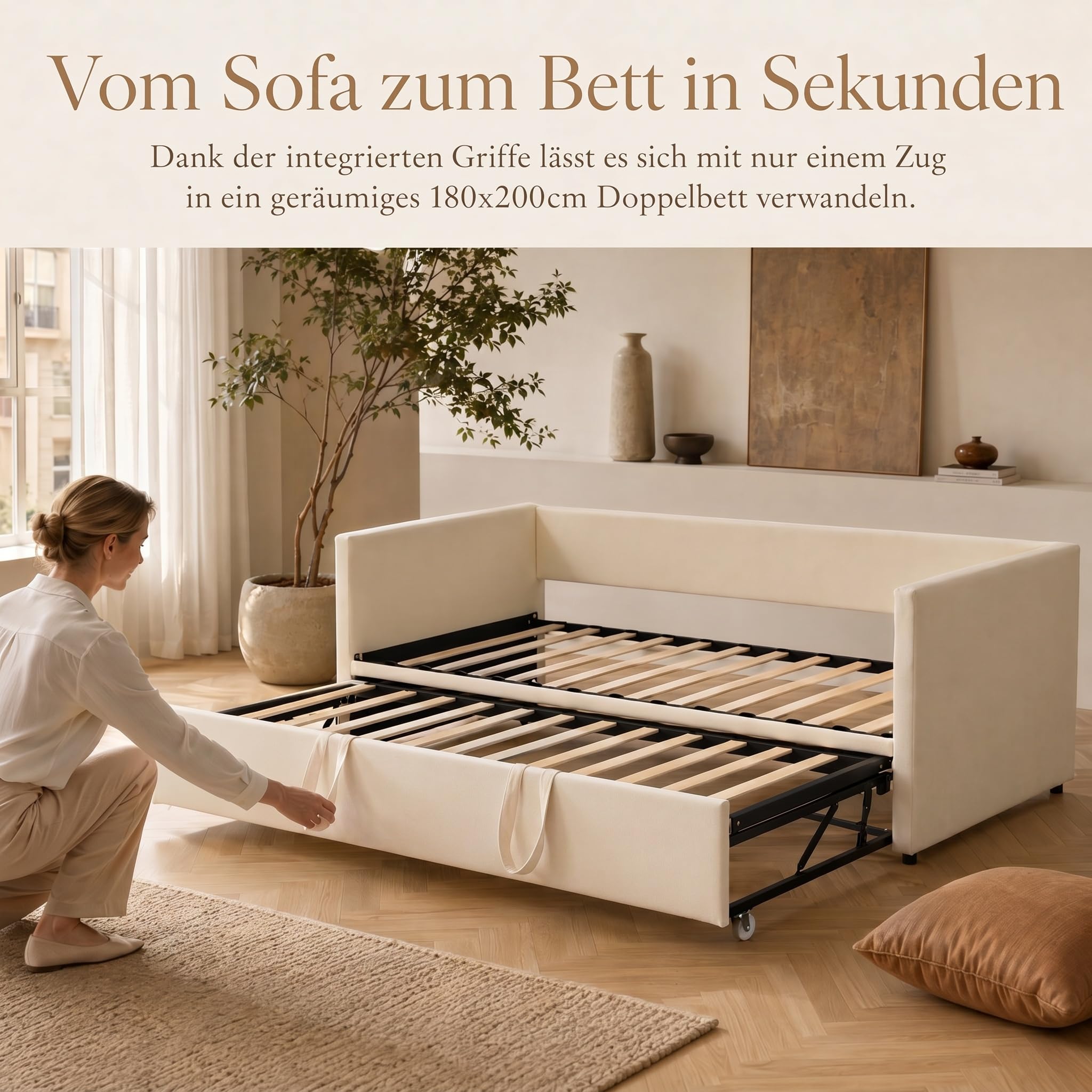 schlafcouch 90/180x200cm,tagesbett ausziehbar,sofa,Einzelbett/Doppelbett | letto singolo con letto estraibile,Samt Polsterbett Tagesbett,Ideal für kleine Räume, Gästebett,ohne Matratze,Beige