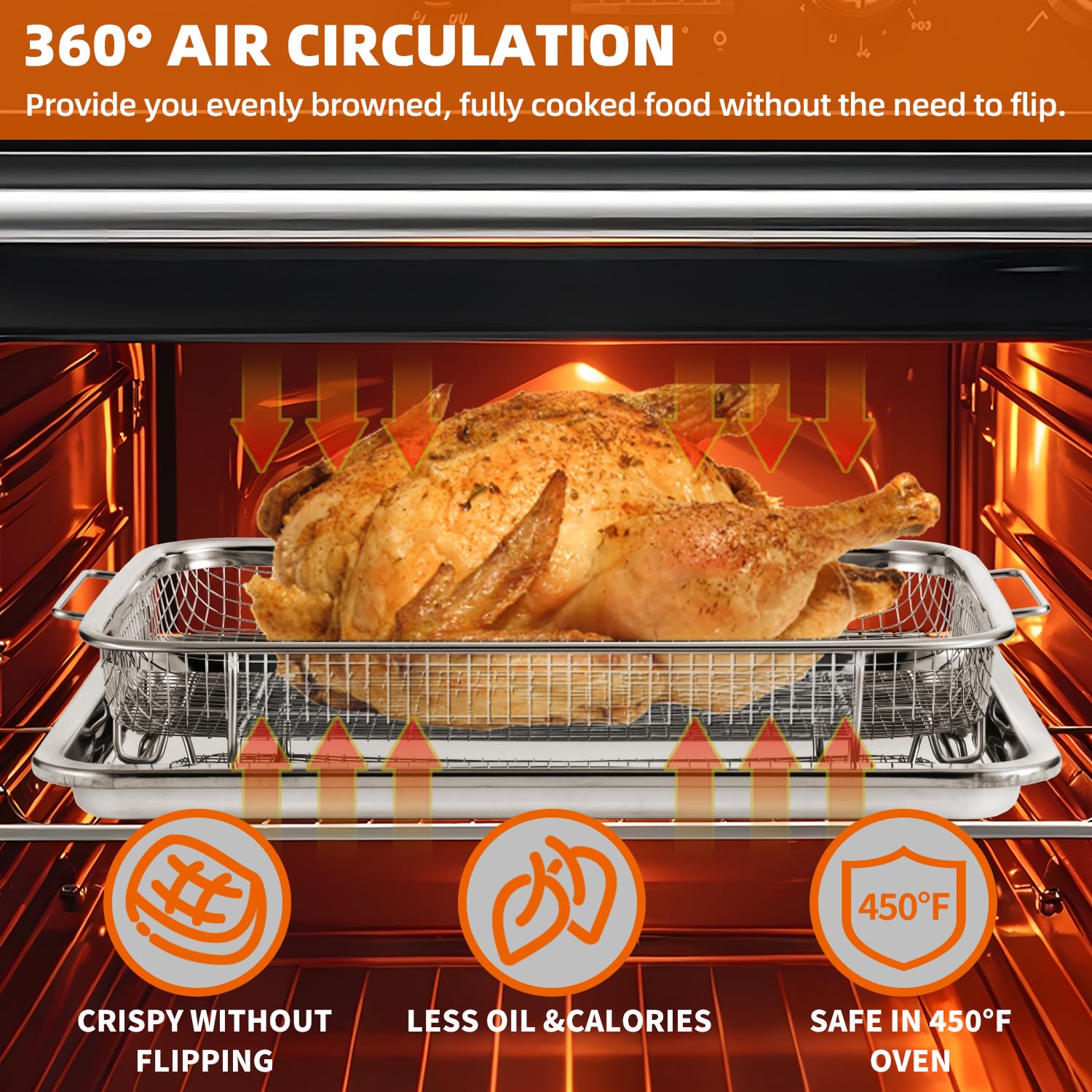 QPMR Cesta de freidora de aire para horno, cesta de acero inoxidable de 18.7 x 11.8 pulgadas con 50 papeles de pergamino, cesta de freidora de aire y bandeja, bandeja antiadherente con bandeja para