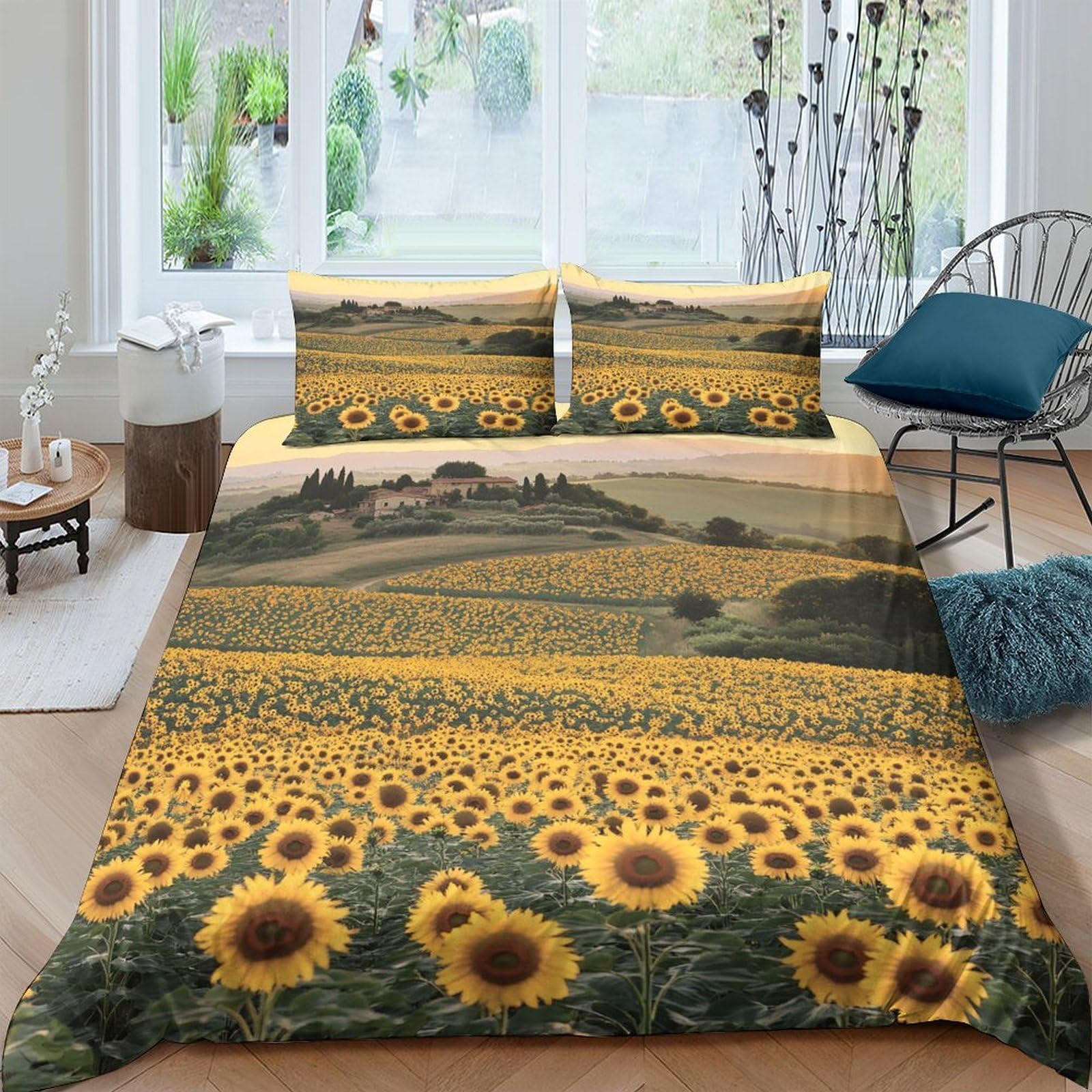 Ctjqhvkz Style-8 3D Printed Sunflower Field Fitted Sheet Microfiber Soft Mattress Cover Yellow Landscape Bedroom Decor Single（135X200cm）