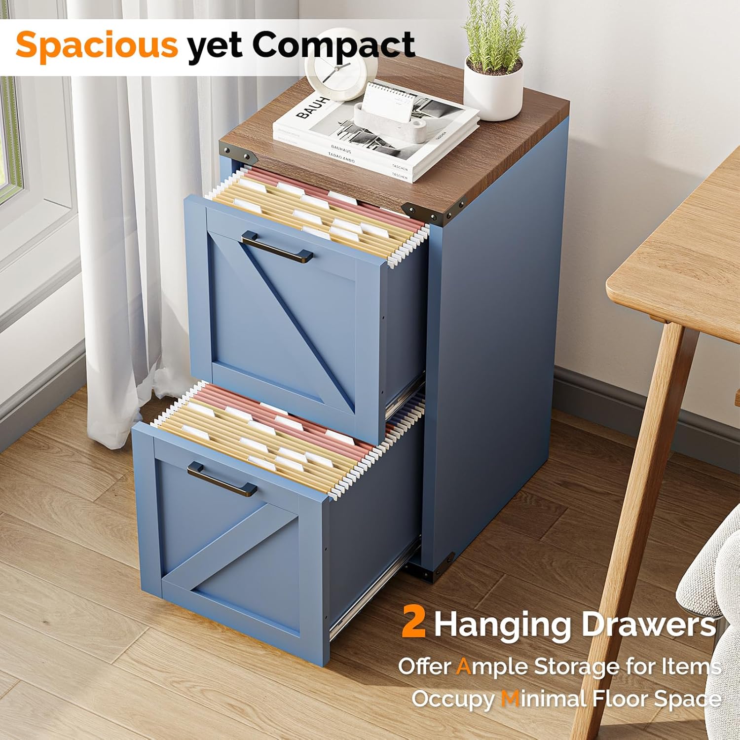 VINGLI 2 Drawer Farmhouse Metal File Cabinet, Home Office Filing Organizer for Letter File Folder Storage, Printer Stand with Drawers, Archivador, Vertical Filing Cabinet for Study, Business (Blue)