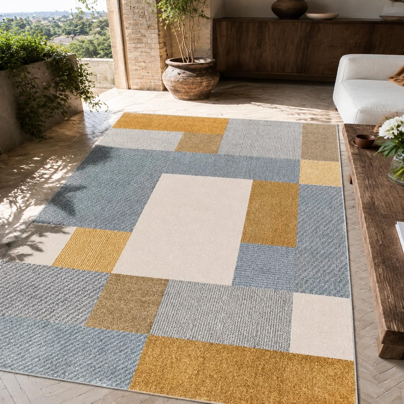 Teppich Waschbar in Waschmaschine, 80 x 150 cm, Geometrisch Grau, Gelb, Weiß, Teppiche Wohnzimmer, Schlafzimmer Bettvorleger, Rugs waschbarer,