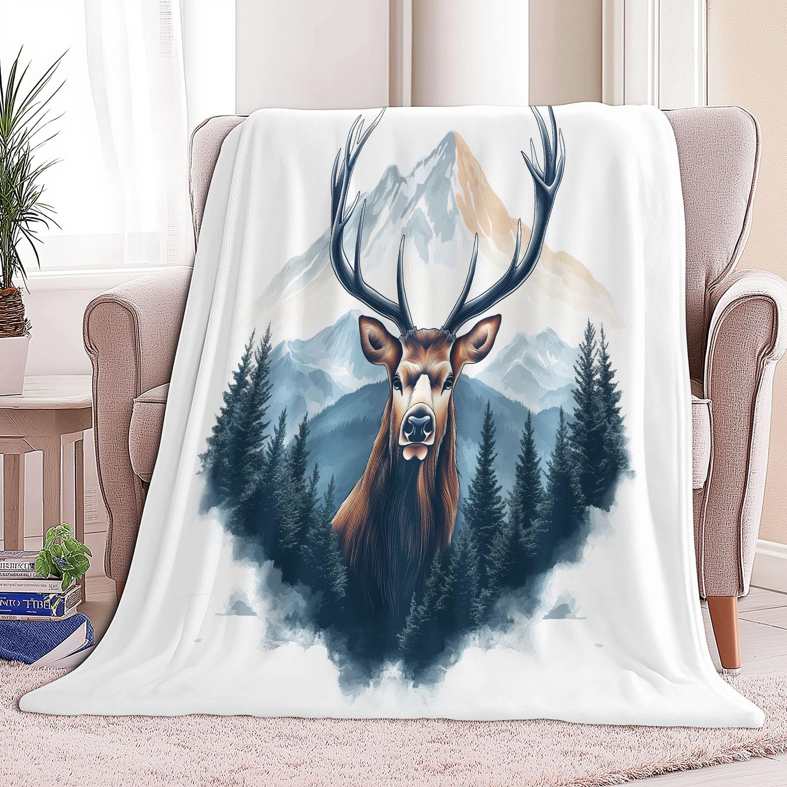 Générique Couverture en Flanelle Aquarelle Montagnes Tête De Cerf, Couvertures imprimée et Chaude l'hiver 180 x 200 cm Doux Couverture de Lit Blanc Automne Hiver Chaude Couvertures