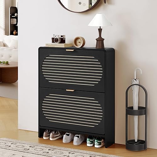 Vista 108 de Armario estrecho de almacenamiento de zapatos con 3 cajones abatibles, armario de madera para zapatos con cajón de puertas de lino, organizador