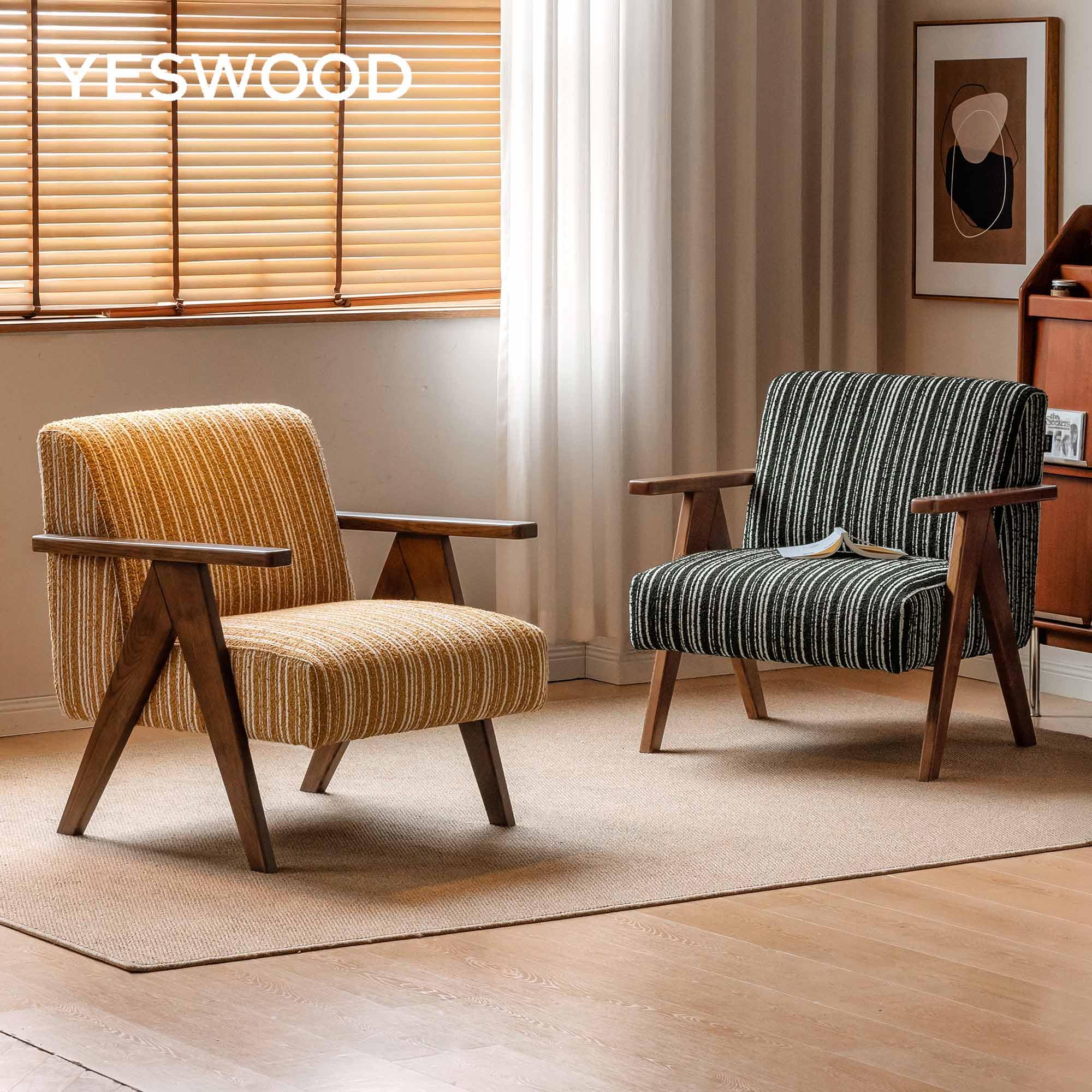 YESWOOD Sessel Wohnzimmer, Gepolsterter Loungesessel mit Massivholzrahmen, Stilvoller Lesesessel für Wohnzimmer, Schlafzimmer & Balkon, Gelb/Weiß Streifen – 79T x 74B x 82H cm