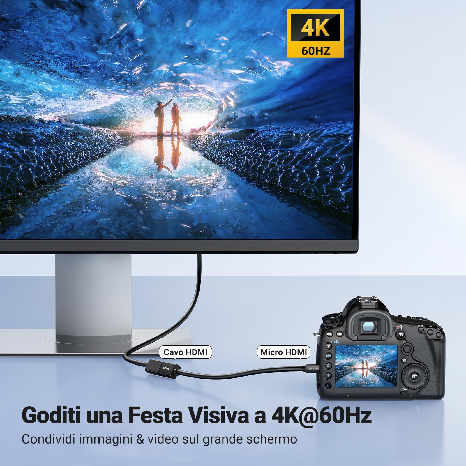 UGREEN Cavo Micro HDMI Maschio a HDMI Femmina 4K 3D Adattatore Micro HDMI a HDMI Supporta ARC Ethernet Compatibile Fotocamere Videocamera Cámara TV PC Laptop, 22CM