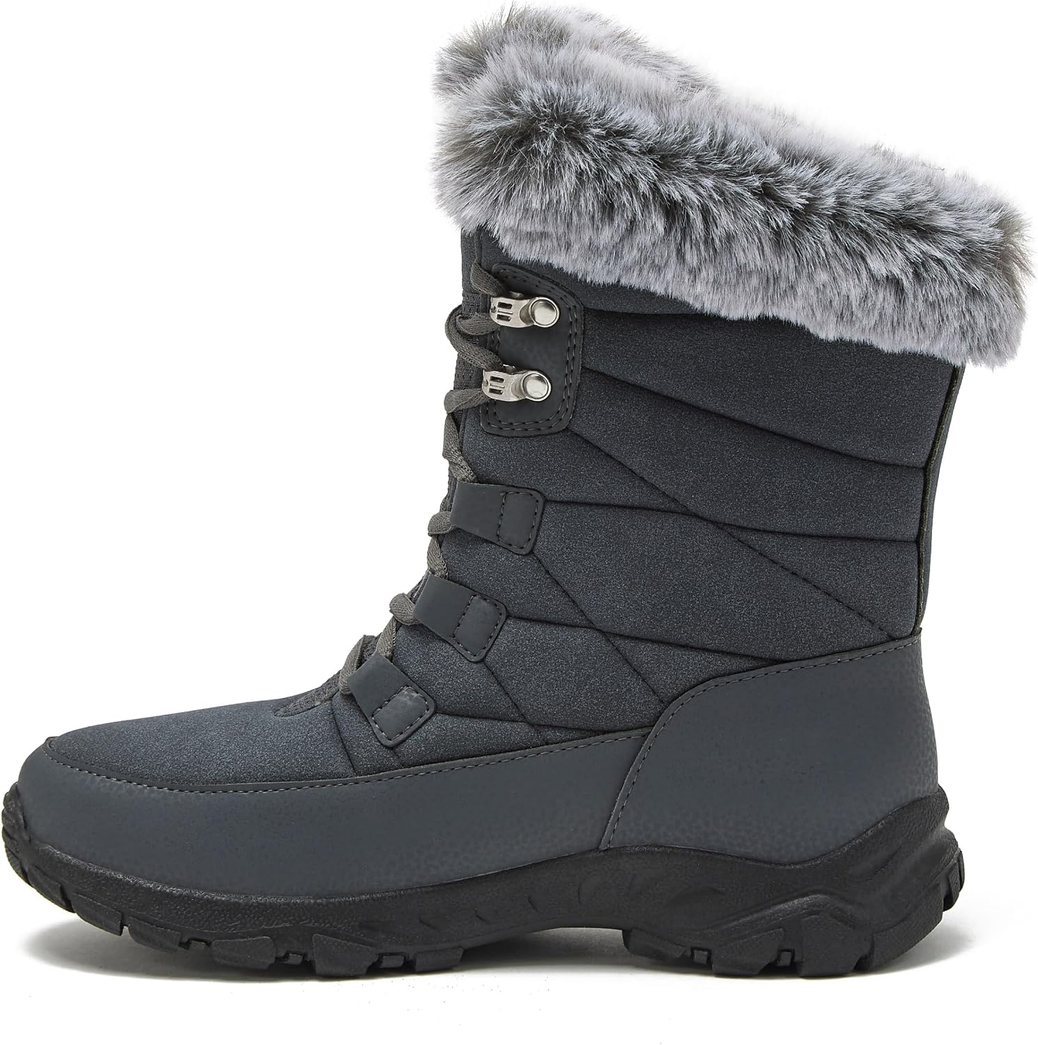 Condition photo showing New/Like New for lands' end expedition waterproof insulated womens snow boots, lace up or slip on winter boots for women, medium or wide width sizes 6 to 11, black, brown, blue, white or grey winter shoes 8.5 dark grey max