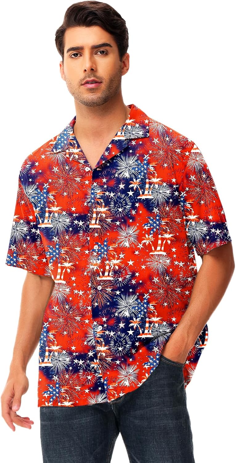 AOBUTE Men July 4th Button Shirts American Flag Hawaiian Shirt Star Stripe Holiday Top - Image 4