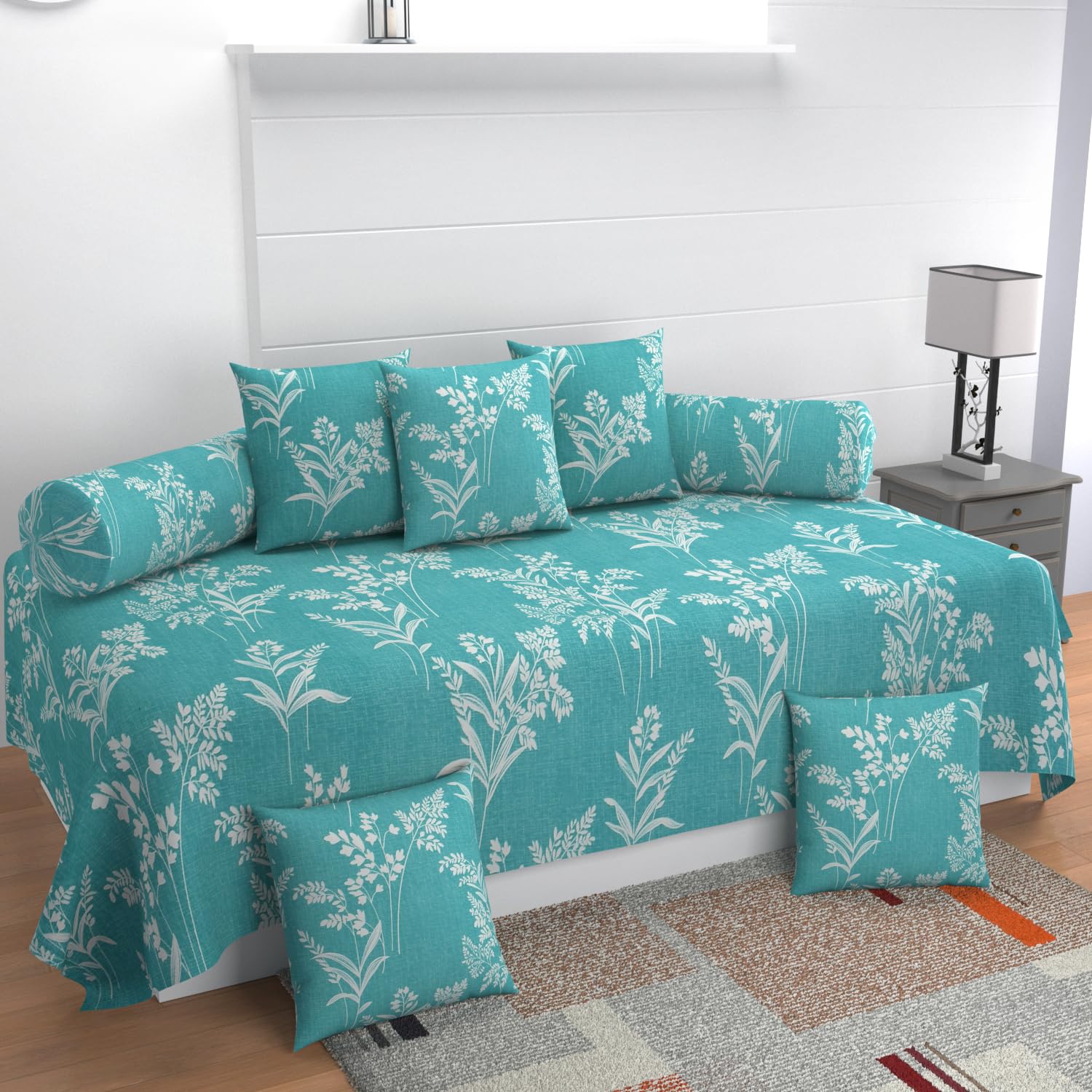 Cotton Fabric 400TC Diwan Set (60X90 Inch Bedsheet 16x16inch Cushion Covers 18x28 inch Bolster Covers) (Thumbsprint)-image-42