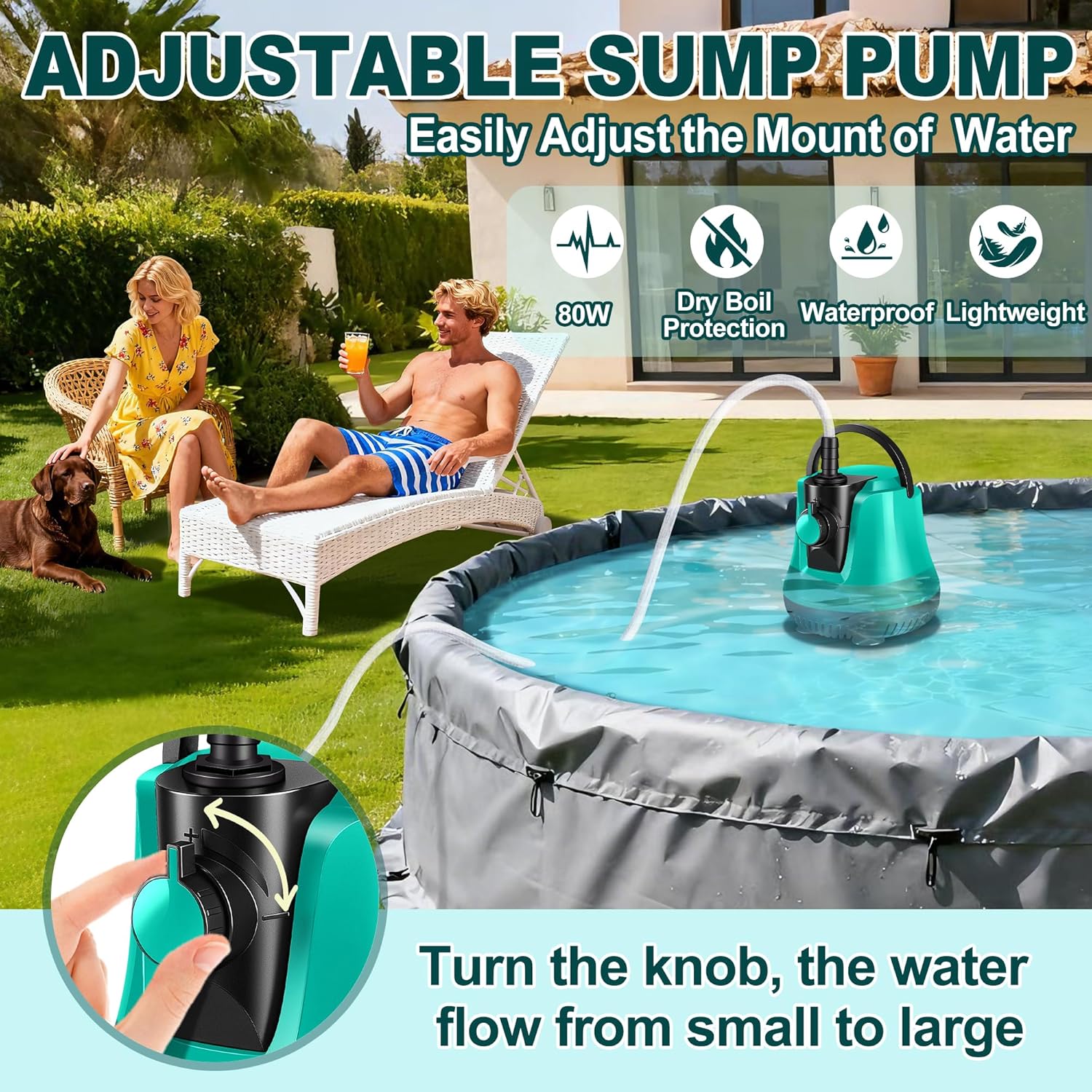 RovPool Sump Pump Submersible, Pool Cover Pump Above Ground with Adjustable Flow, Portable Electric Water Removal Pump with 10ft Hose, 4 Adapters Water Pump for Pool Draining,Fish Tank,Pond, 950GPH