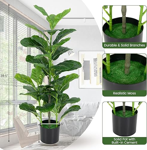 Miniatura 8 de HAPPYGRILL Paquete de 2 higueras artificiales de hoja de violín, planta sintética de 40 pulgadas de alto con maceta de cemento, 40 hojas grandes,