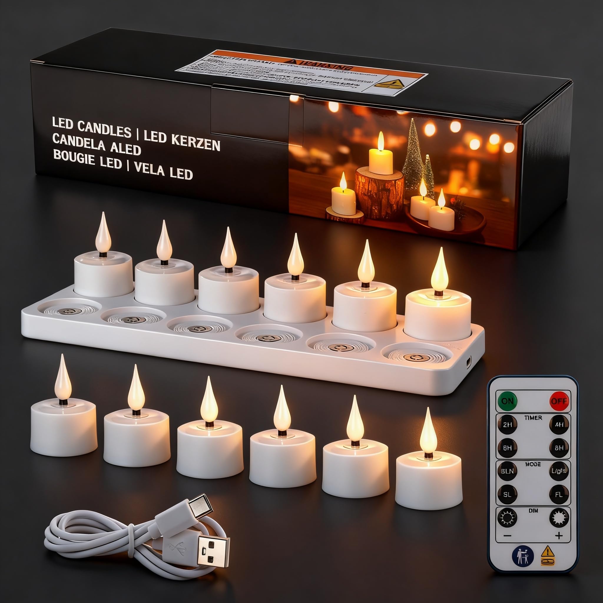 Velas de té recargables, 12 unidades, con estación de carga y mando a distancia, temporizador, regulable, luz blanca cálida, recargables, sin llama, parpadeantes, portavelas, decoración