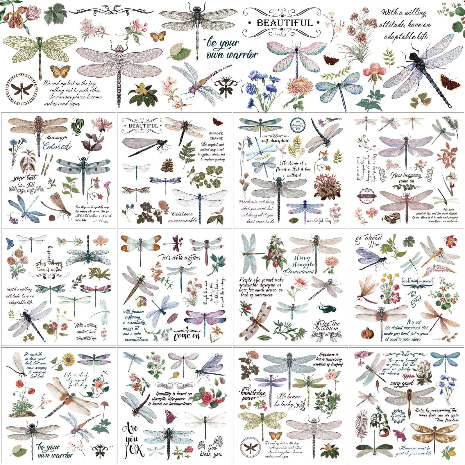 BBTO 12 Sheets Summer Dragonfly Rub on Transfers for Crafts and Furniture Flower Rub on Transfer Stickers Decals for Wood DIY Paper Home Decor, 5.5 x 5.7 Inch