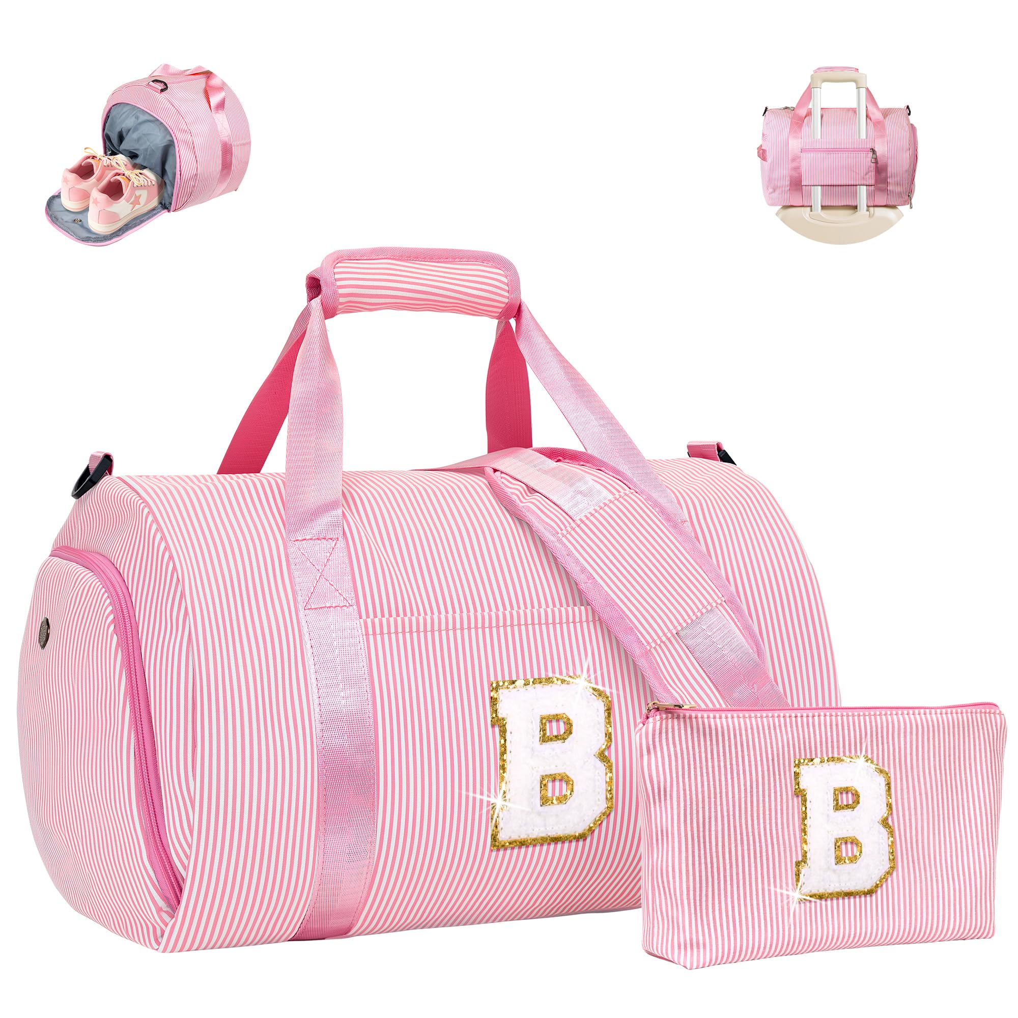 Vogewood Gift for Teenager, Girls Travel Duffle Bag, Kids Initial Overnight Duffel Bags with Shoe Compartment, Personalized Weekender Bag with Makeup Pouch, Teen Girl Gifts Trendy Stuff, Pink, B