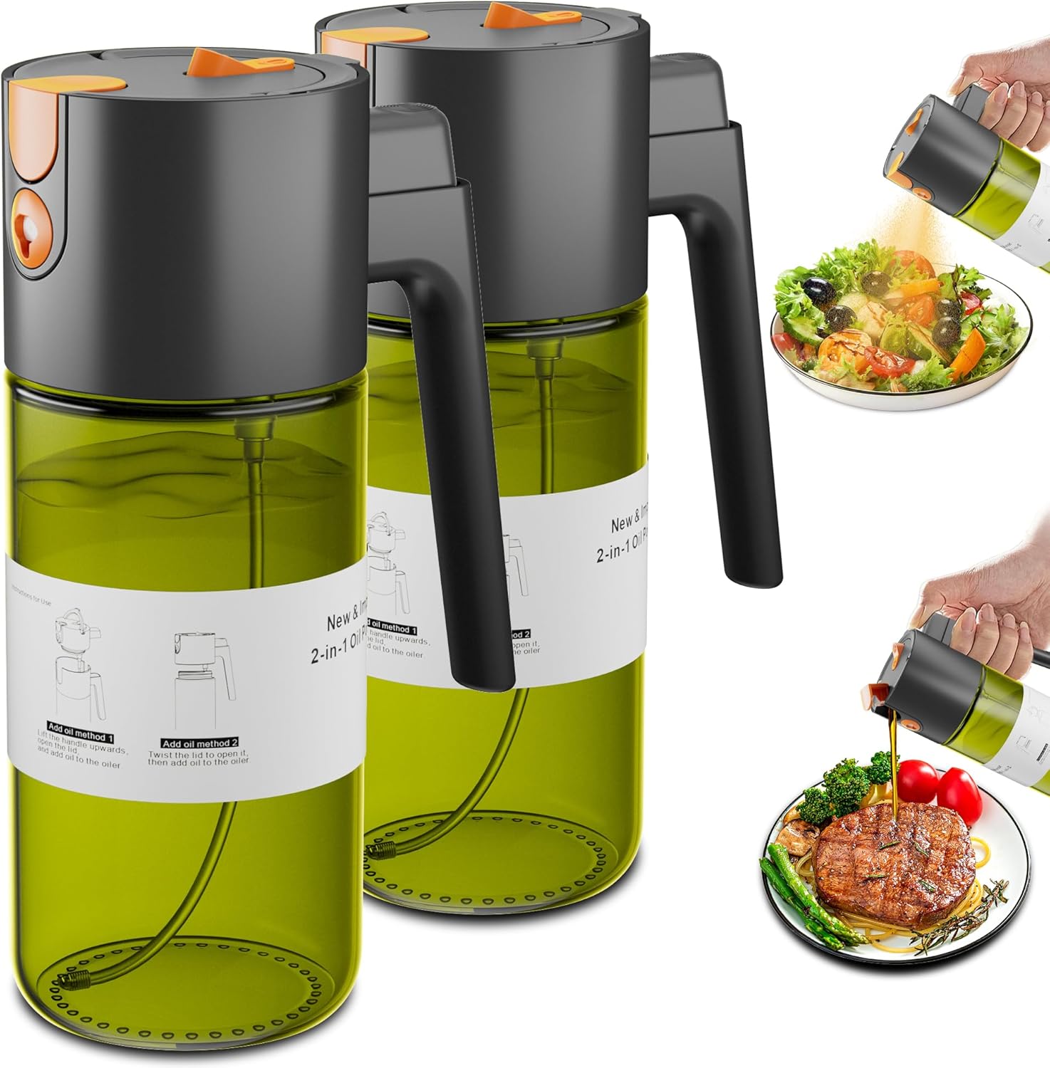 LAKUMIQI 2 in 1 Oil Sprayer for Cooking, 17oz Light-Blocking Glass Spray Bottle with Stickers, Oil Dispenser for Salad, Air Fryer & BBQ