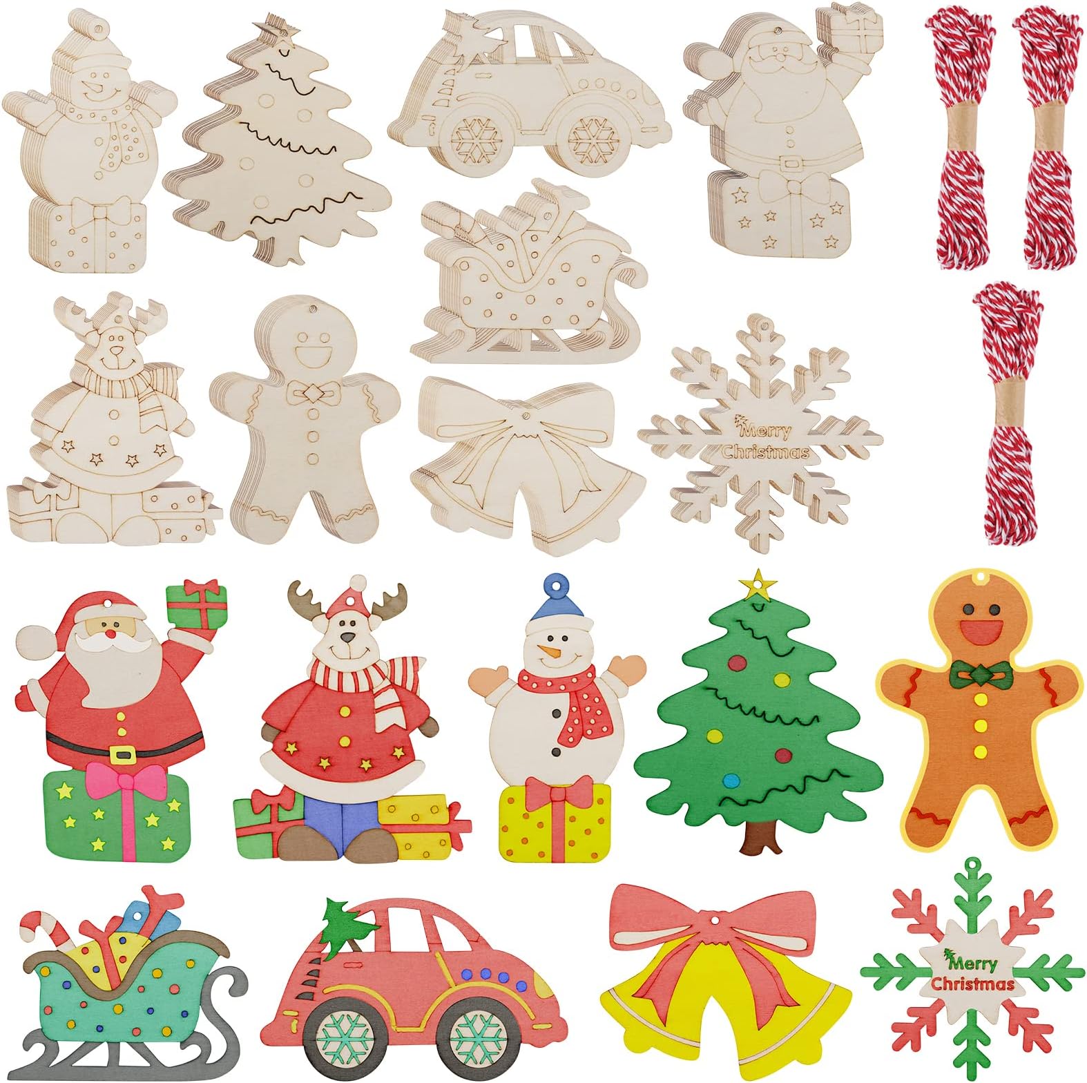 HooAMI 90pcs Wooden Christmas Ornaments Unfinished Wood Slices with Holes for DIY Crafts Centerpieces Holiday Hanging Decorations, 9 Styles